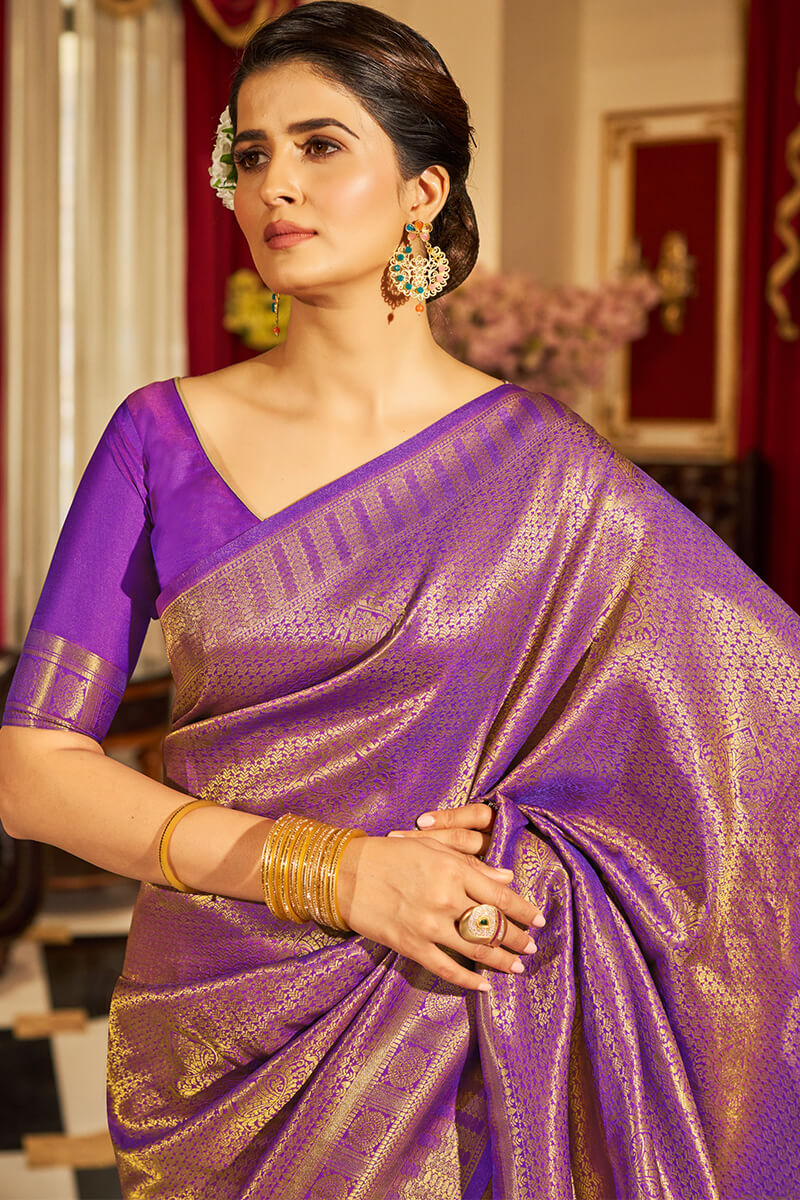 Inspiring Purple Kanjivaram Silk Saree With Divine Blouse Piece