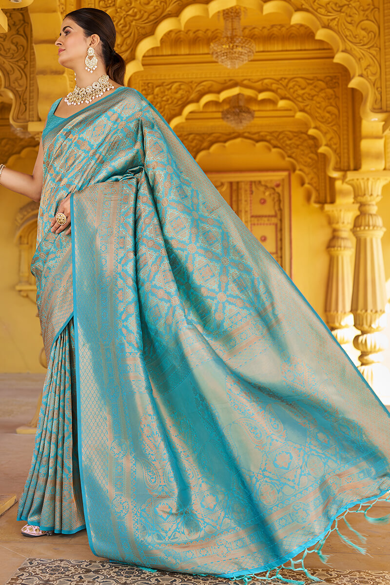 Comely Firozi Kanjivaram Silk Saree With Epiphany Blouse Piece