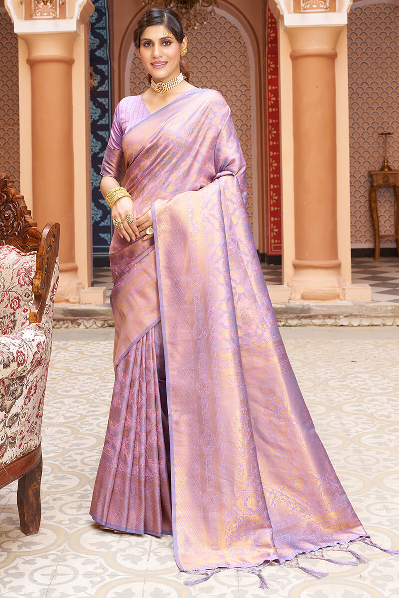 Lagniappe Lavender Kanjivaram Silk Saree With Incredible Blouse Piece