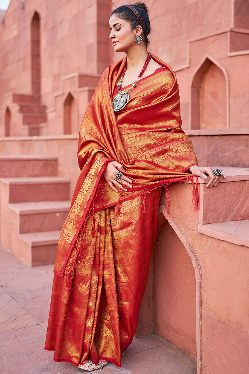 Assemblage Red Kanjivaram Silk Saree With Diaphanous Blouse Piece