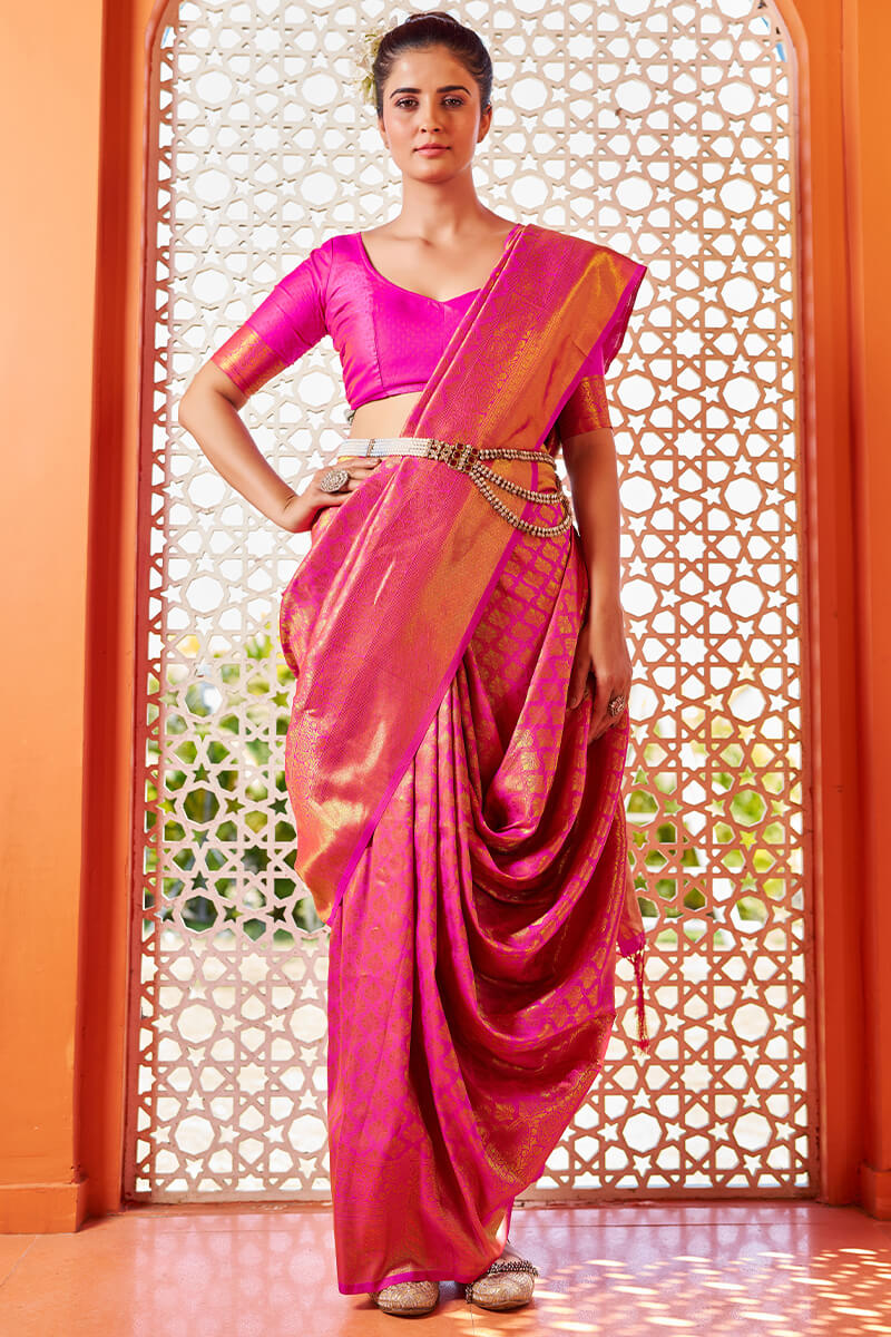 Blissful Dark Pink Kanjivaram Silk Saree With Fancifull Blouse Piece