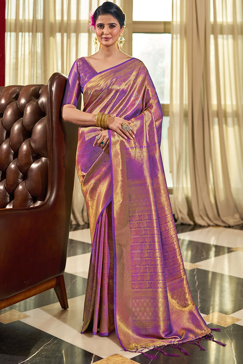 Enticing Purple Kanjivaram Silk Saree With Beleaguer Blouse Piece