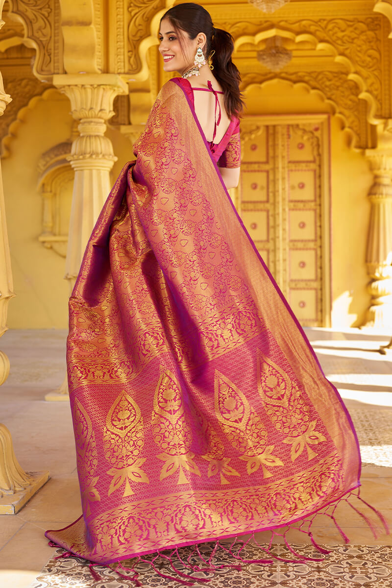 Beleaguer Purple Kanjivaram Silk Saree With Embrocation Blouse Piece