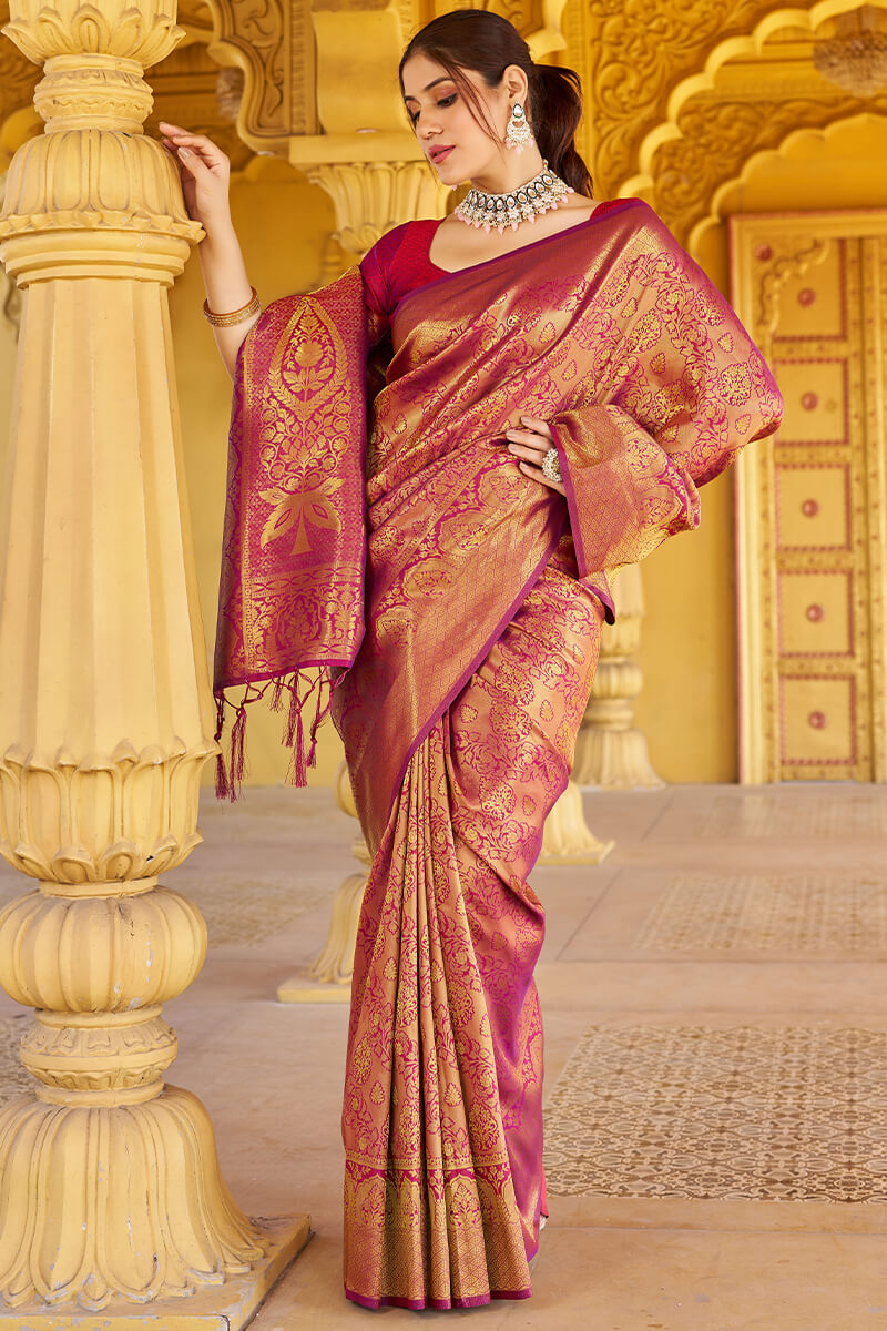 Beleaguer Purple Kanjivaram Silk Saree With Embrocation Blouse Piece