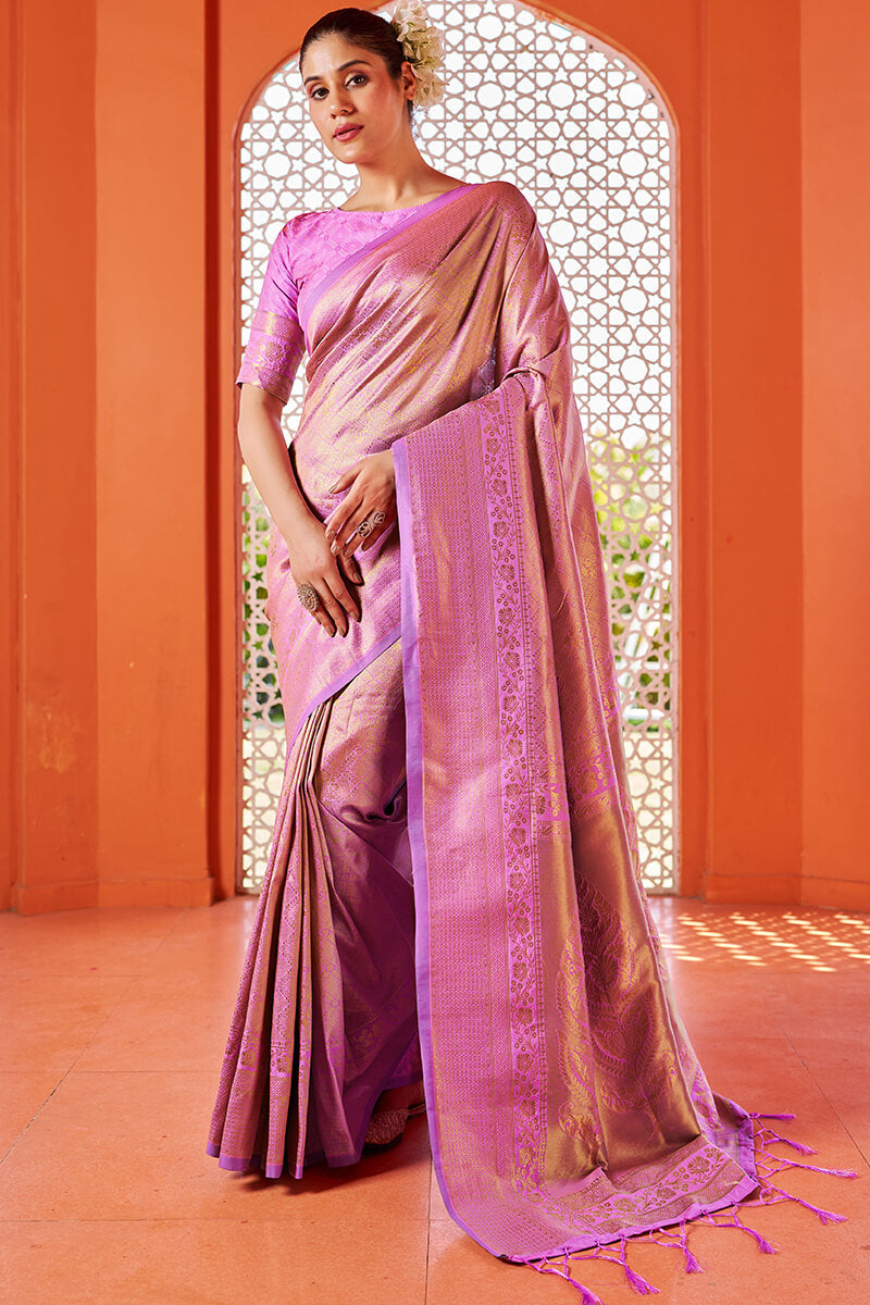 Glowing Pink Kanjivaram Silk Saree With Alluring Blouse Piece