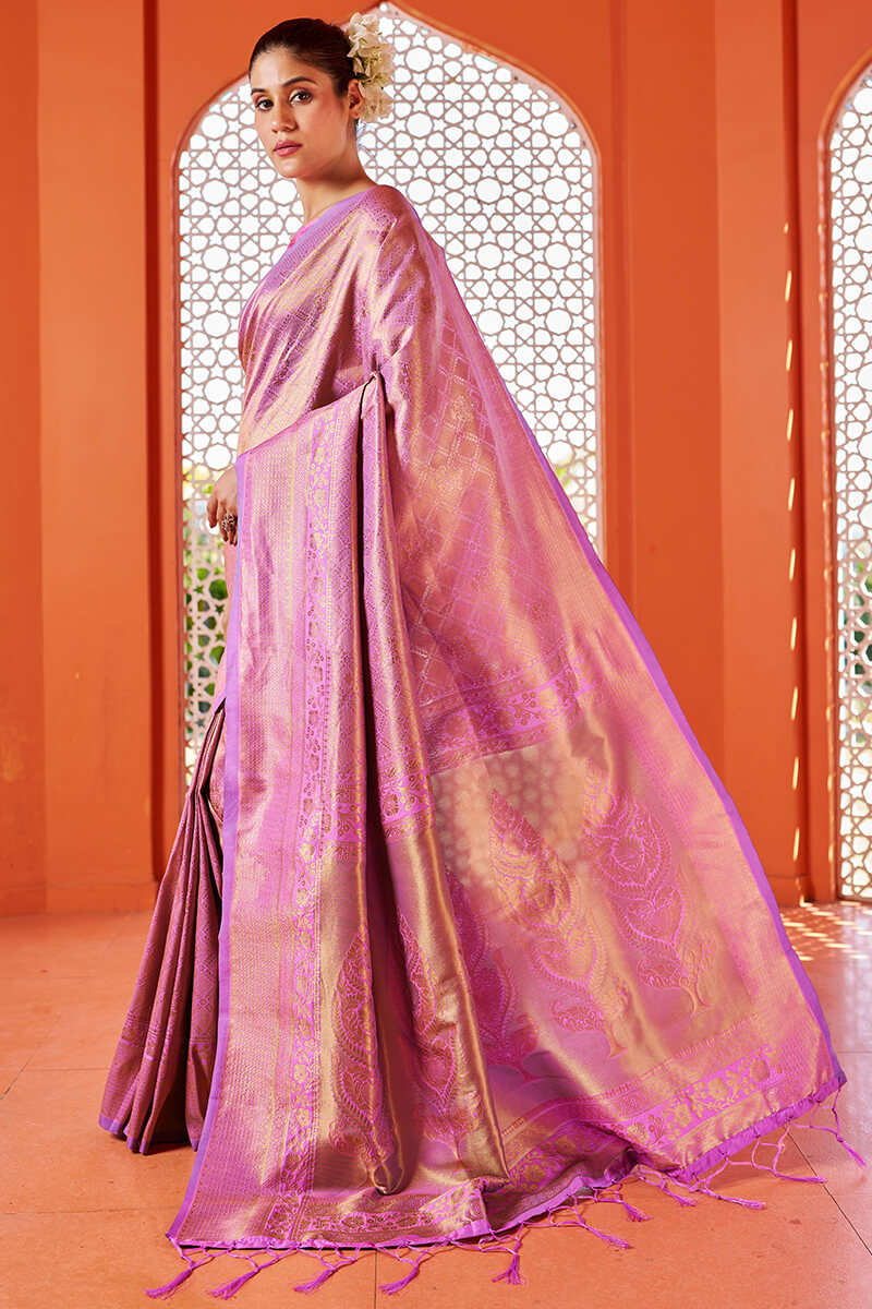 Glowing Pink Kanjivaram Silk Saree With Alluring Blouse Piece