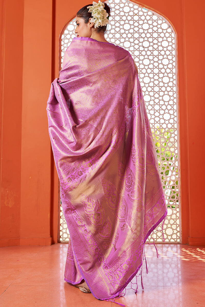 Glowing Pink Kanjivaram Silk Saree With Alluring Blouse Piece