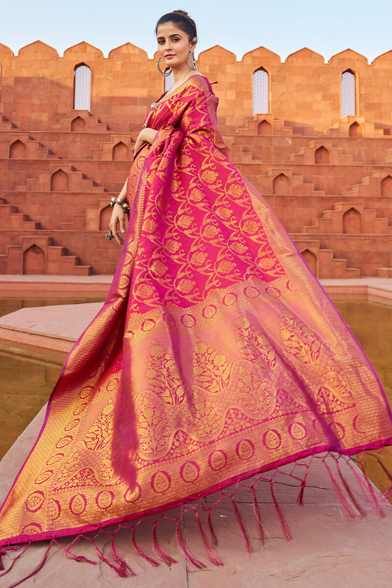 Fragrant Dark Pink Soft Banarasi Silk Saree With Profuse Blouse Piece