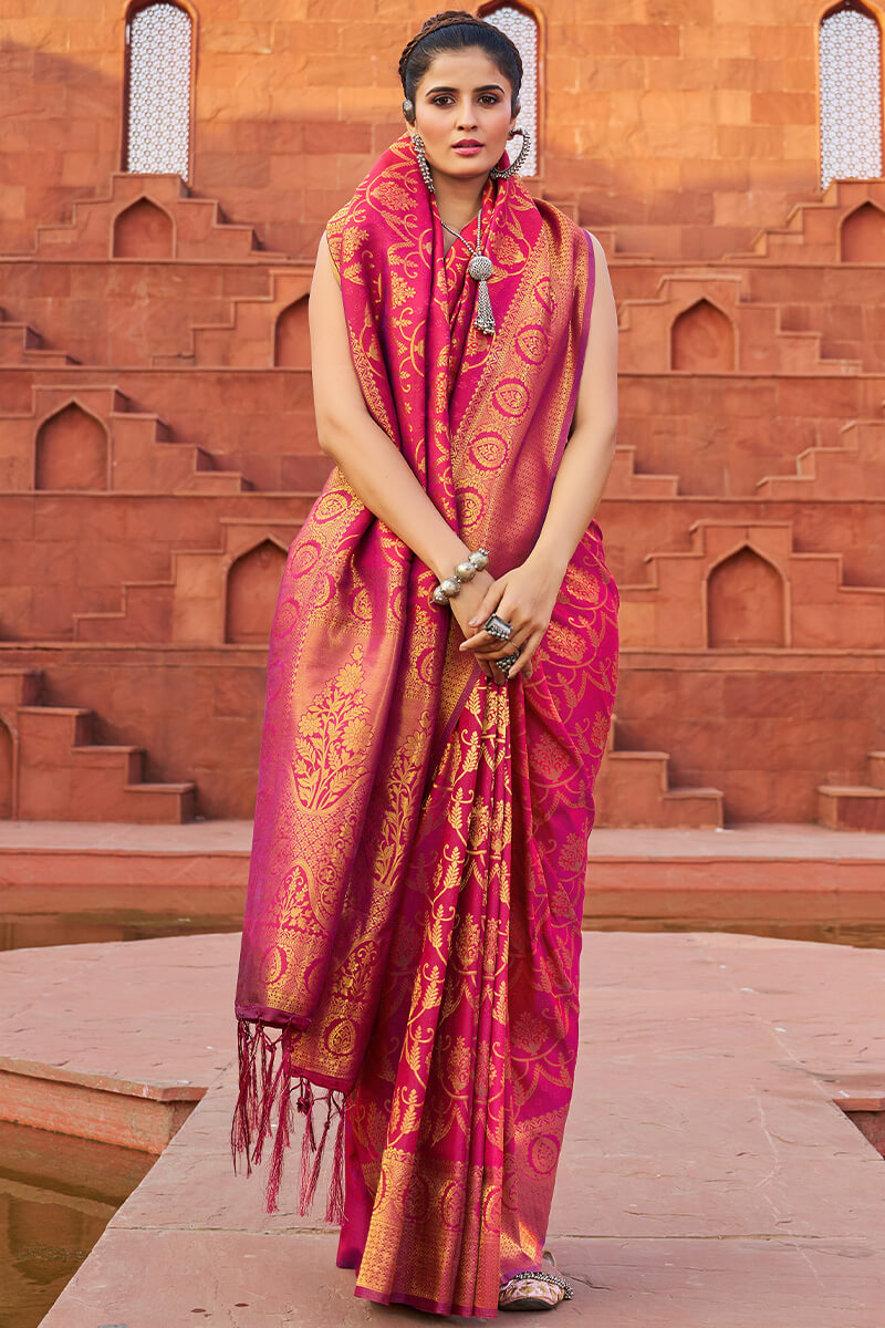 Fragrant Dark Pink Soft Banarasi Silk Saree With Profuse Blouse Piece