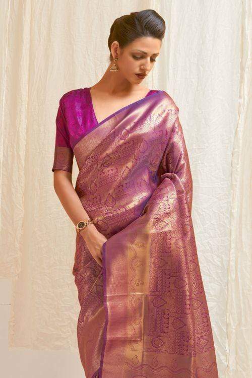 Amiable Purple Kanjivaram Silk Saree With Engaging Blouse Piece