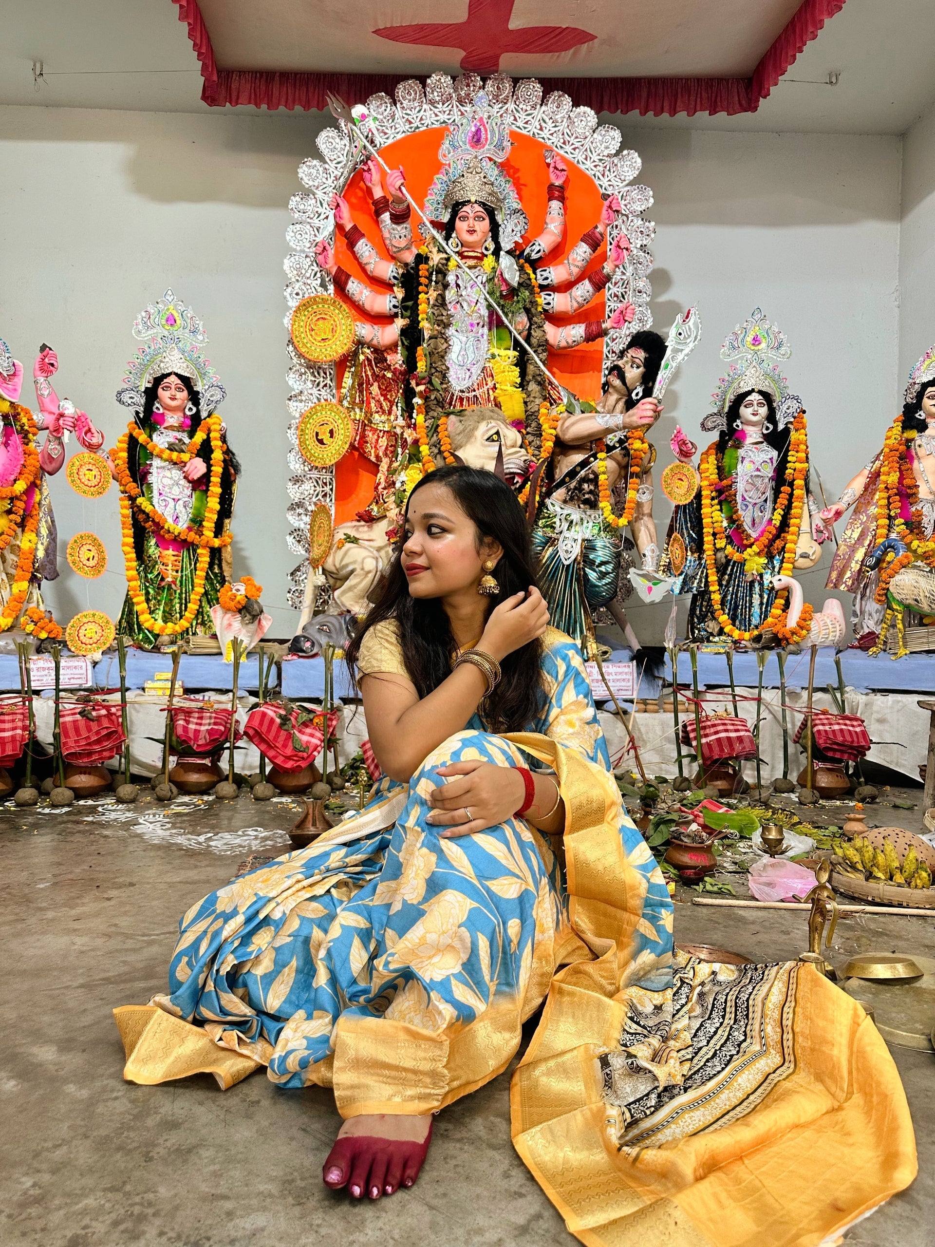 Mustard Yellow and Blue Combination Saree