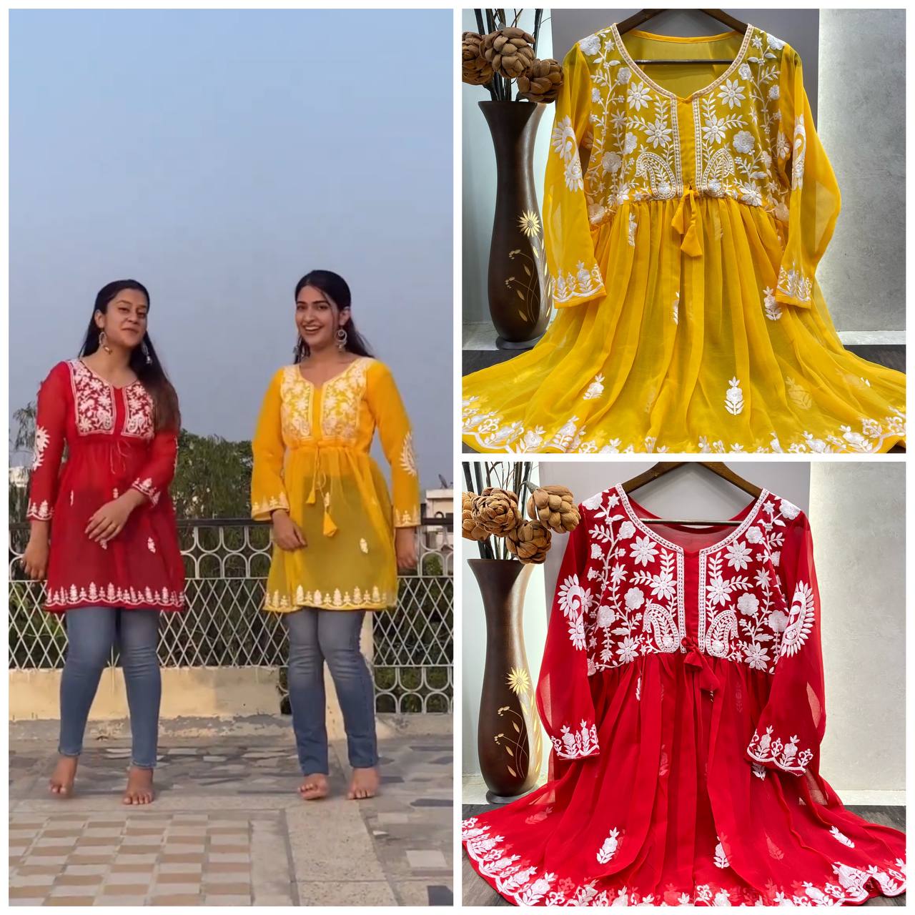 Chikankari - red - yellow