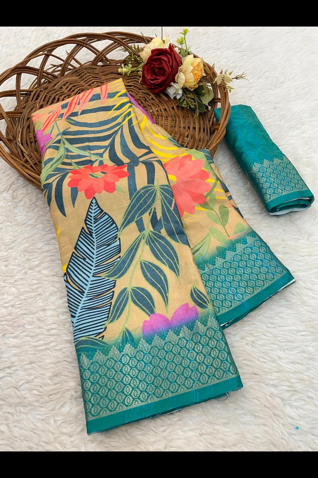 Teal Blue Printed Silk Saree