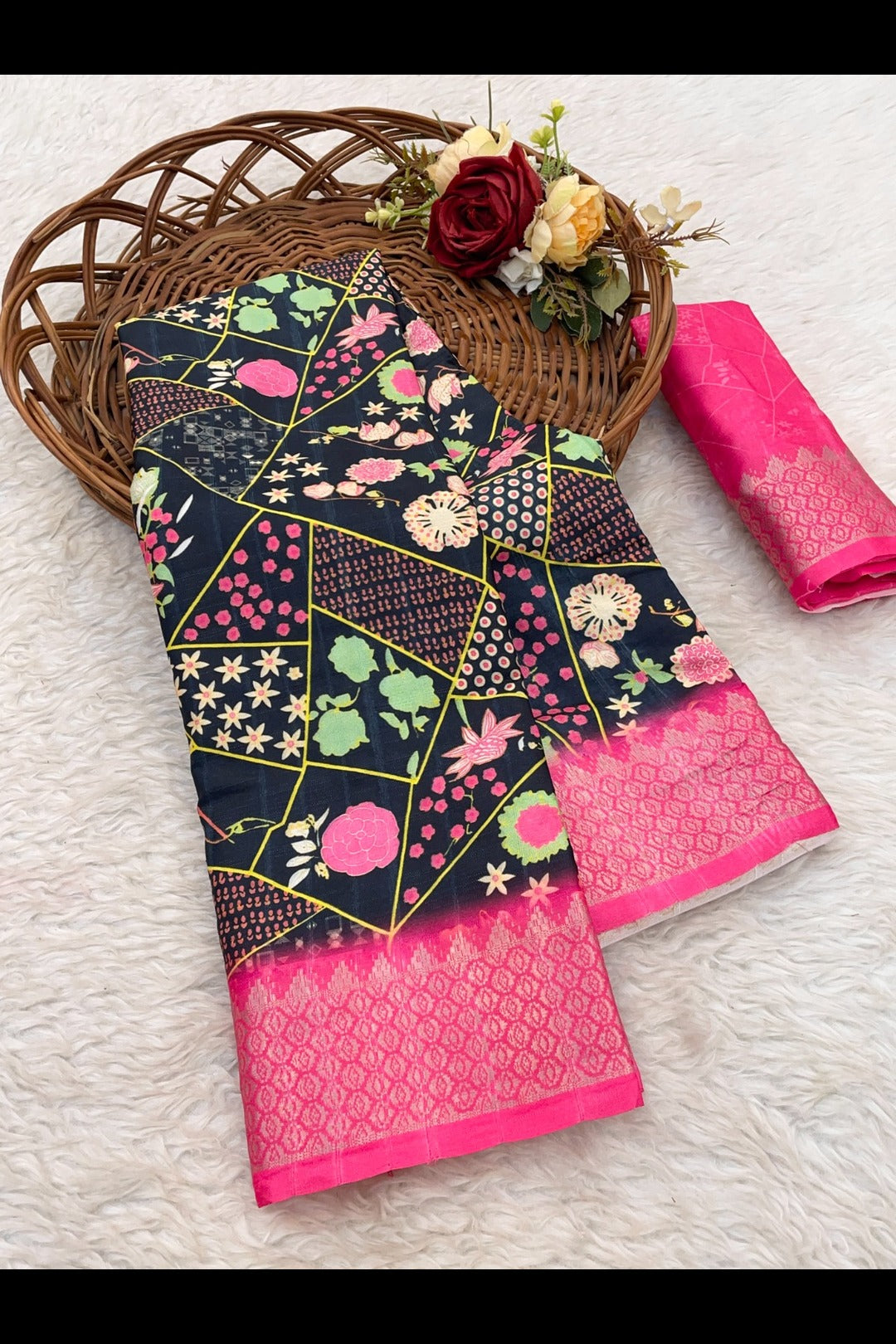 Black and Pink Silk Saree