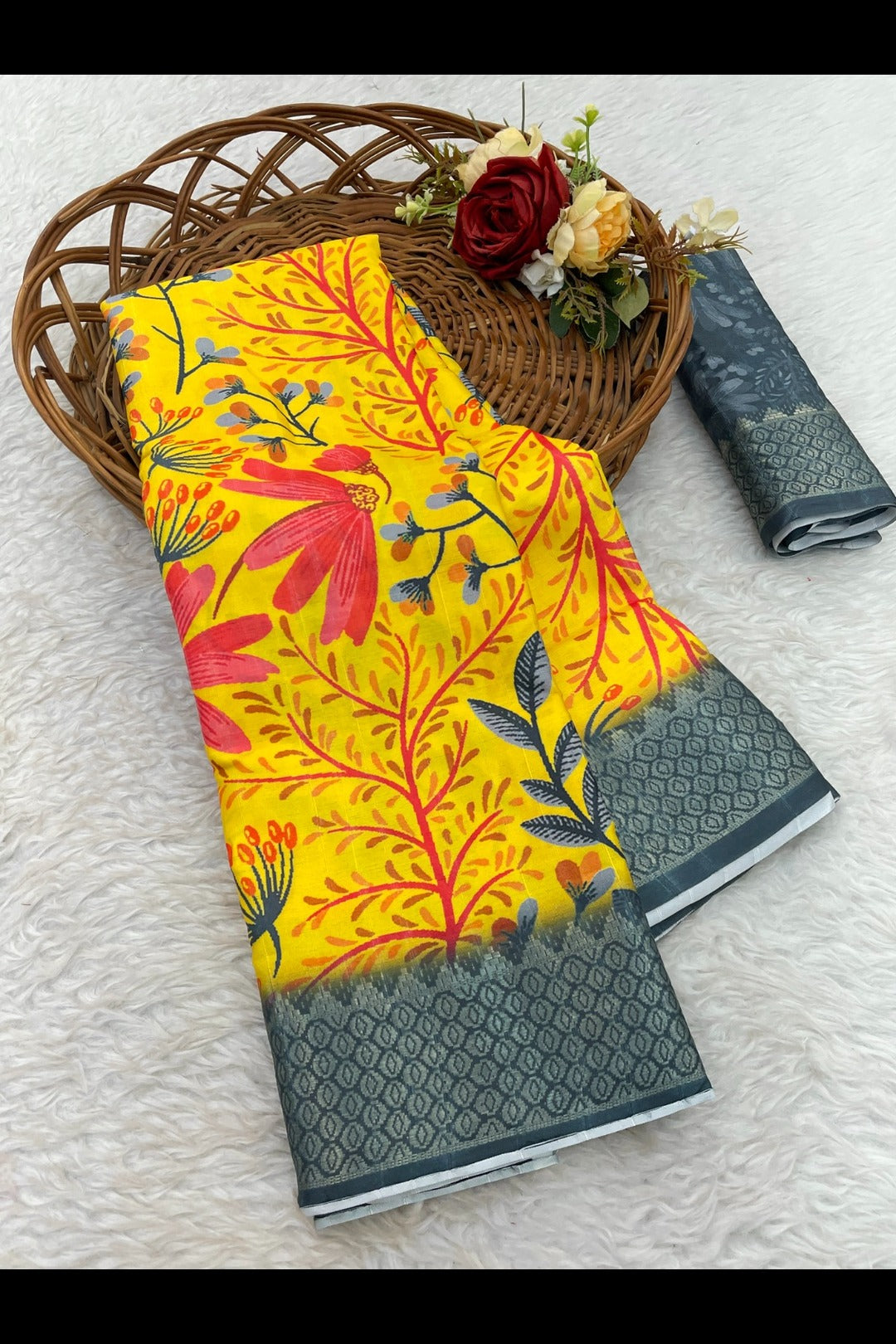 Floral Yellow Printed Silk Saree