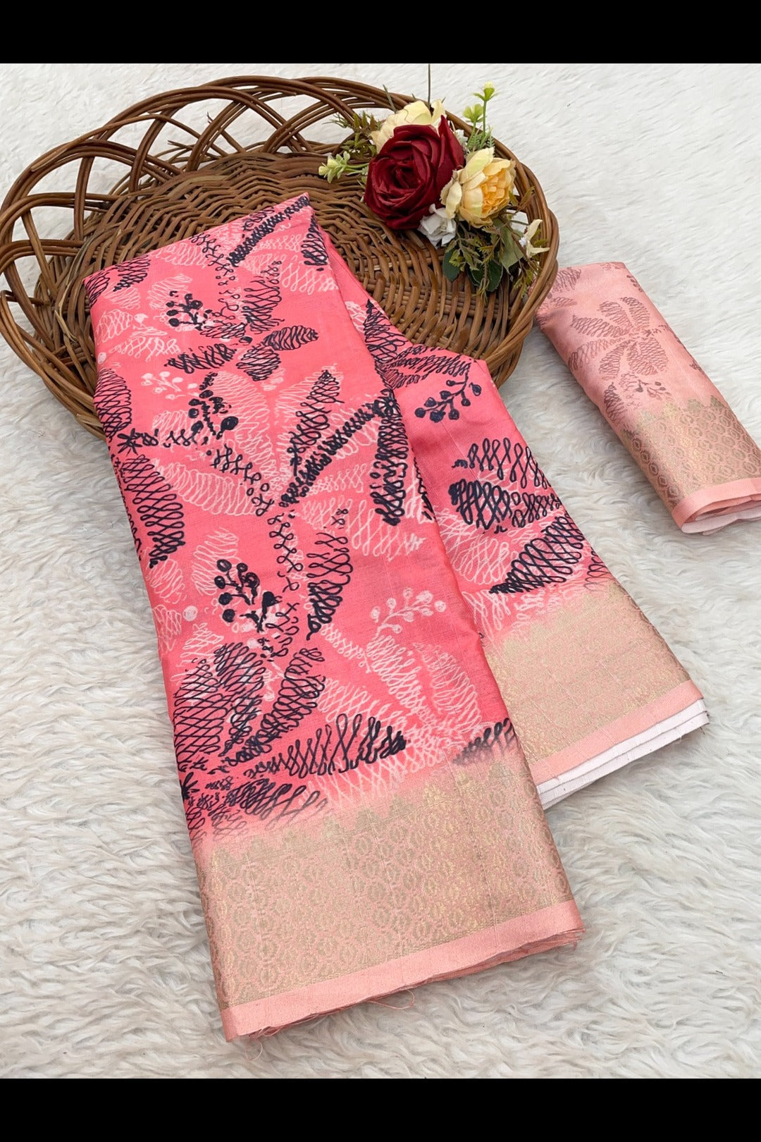 Reddish Pink floral Printed Saree