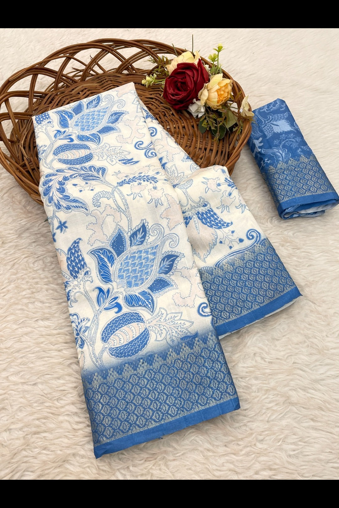 Blue Printed Silk Saree