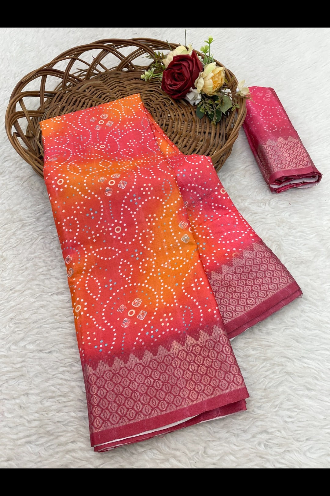 Reddish Orange Printed Saree