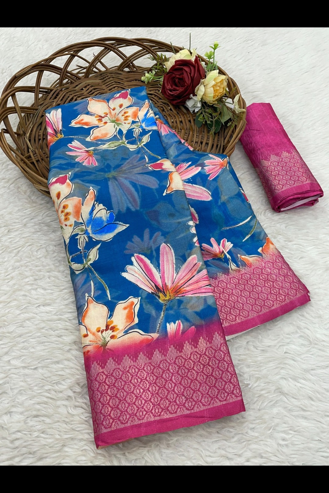 Blue and pink combination Saree