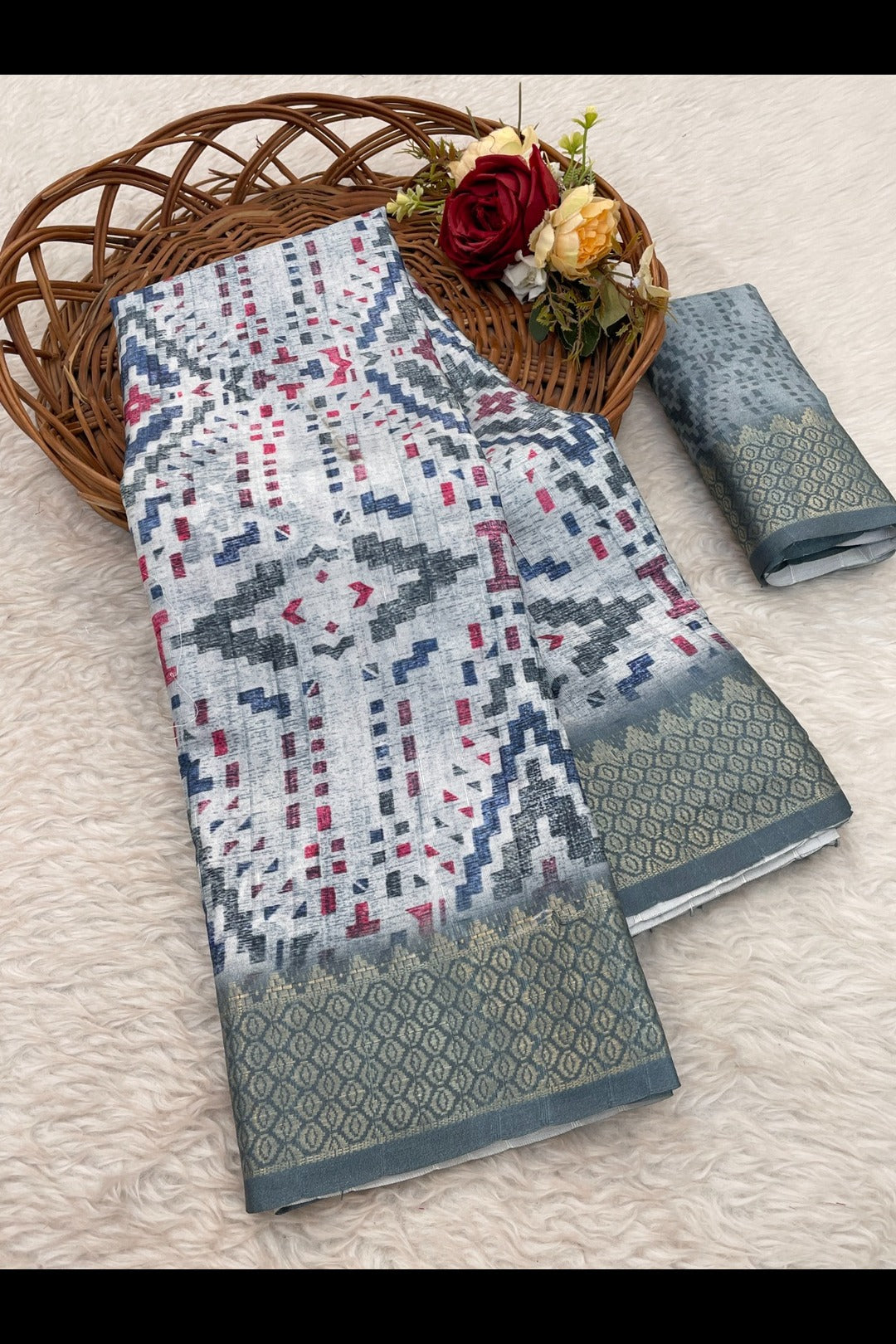 Grey Dola Silk Digitally Printed Saree Weaved With Attractive Lace Comes With Tassels