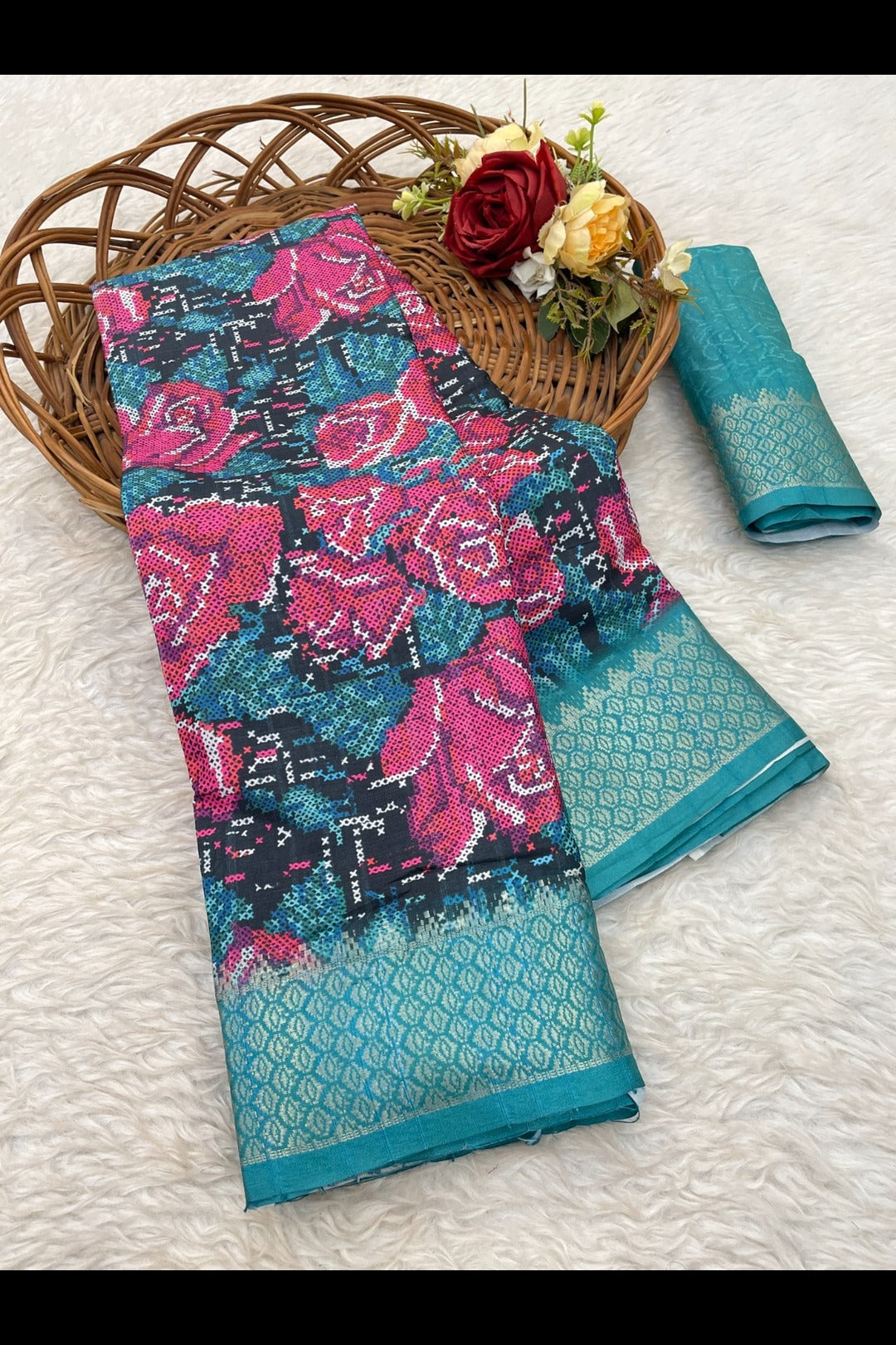 Blue Printed Silk Saree