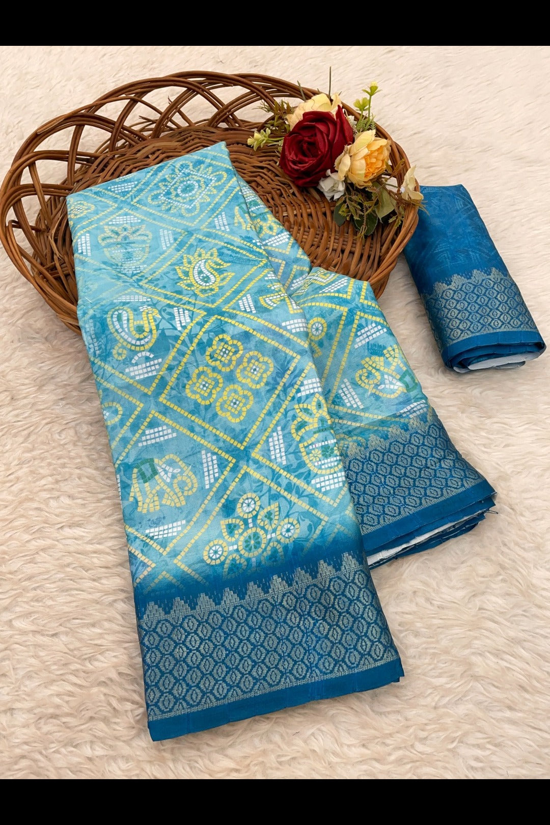 Sky Blue Printed Silk Saree