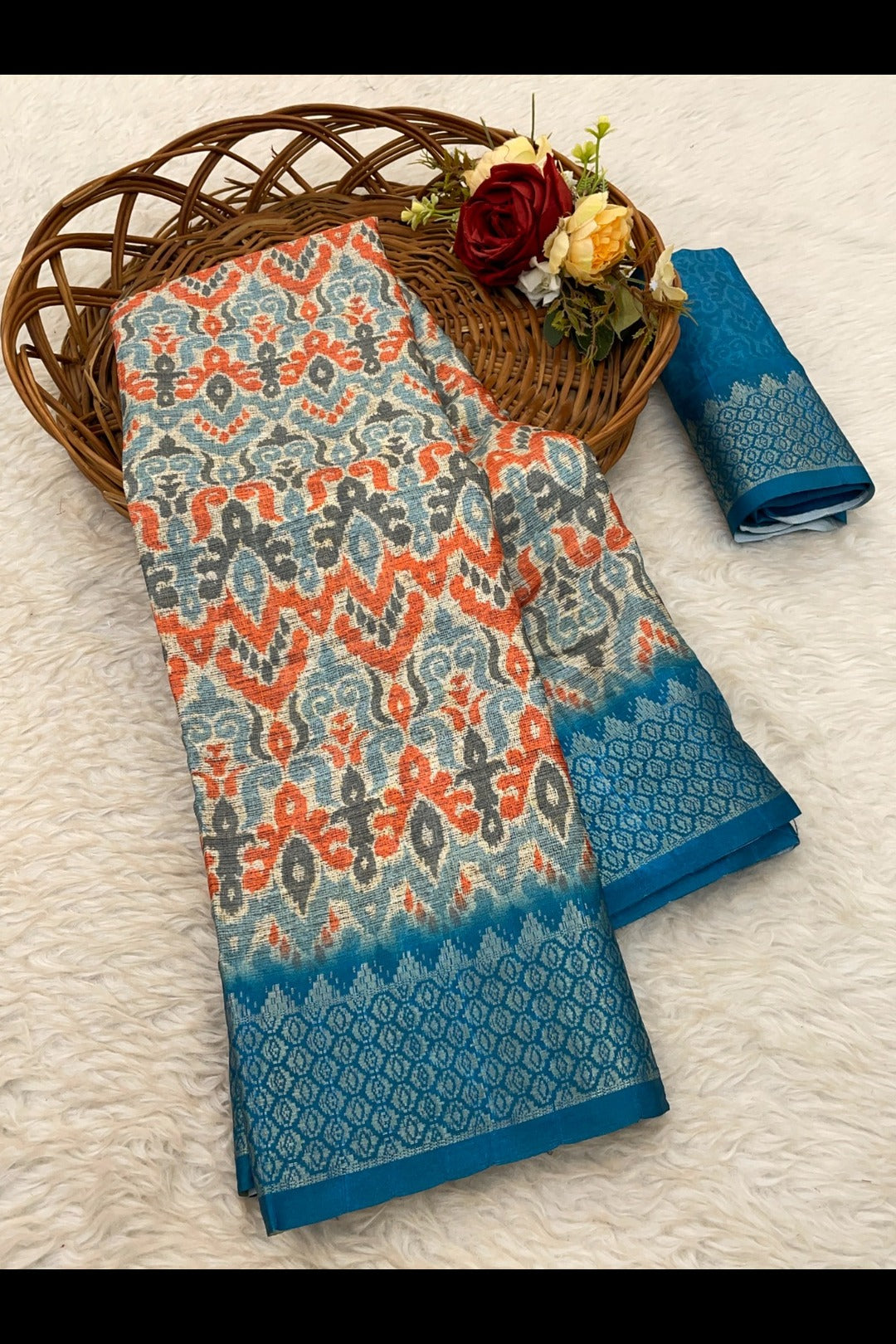 Blue Printed Silk Saree