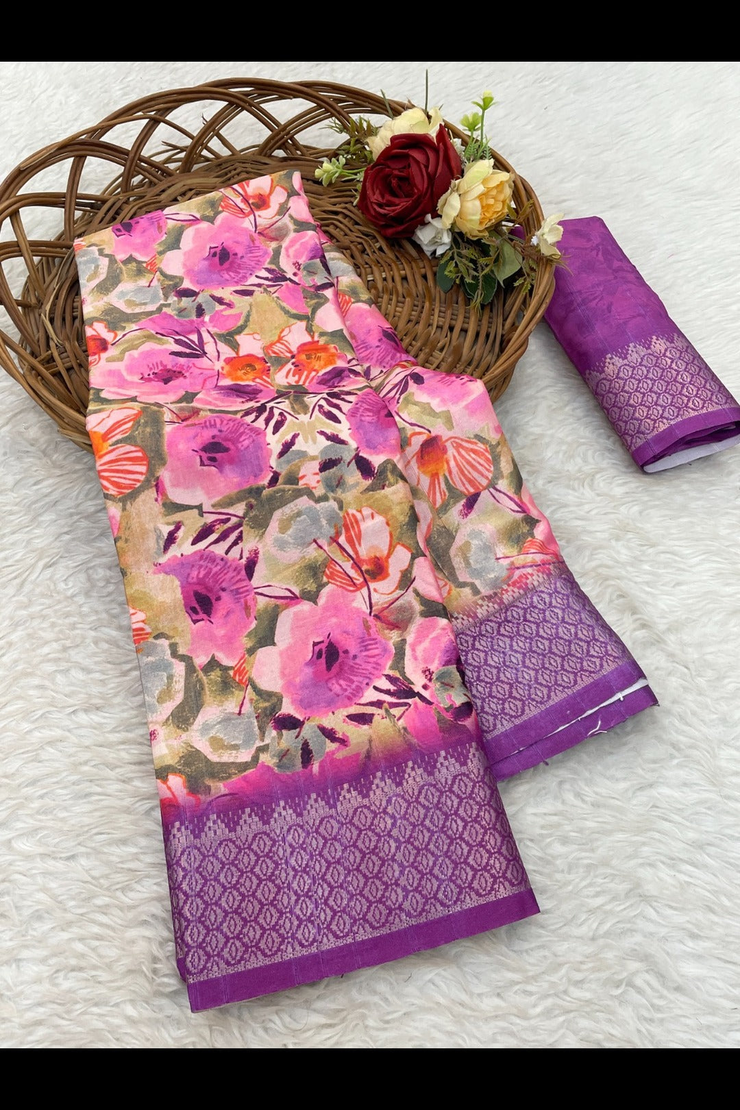 Purple Floral Print Saree