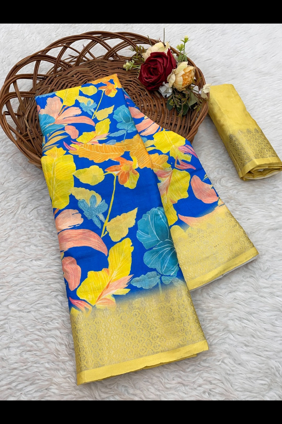 Light Yellow Printed Silk Saree