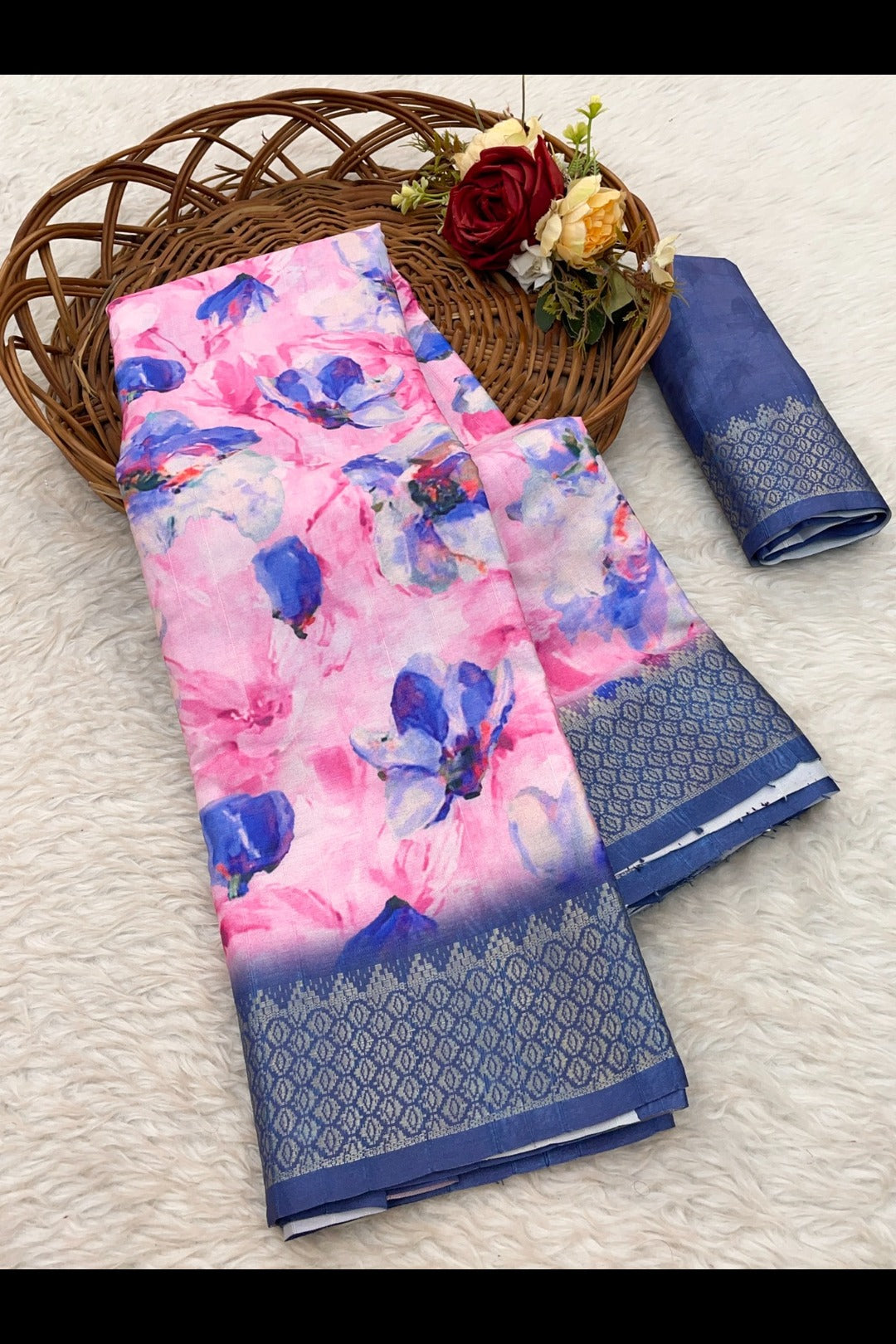 Floral Print Pink and Purple Combination Silk Saree