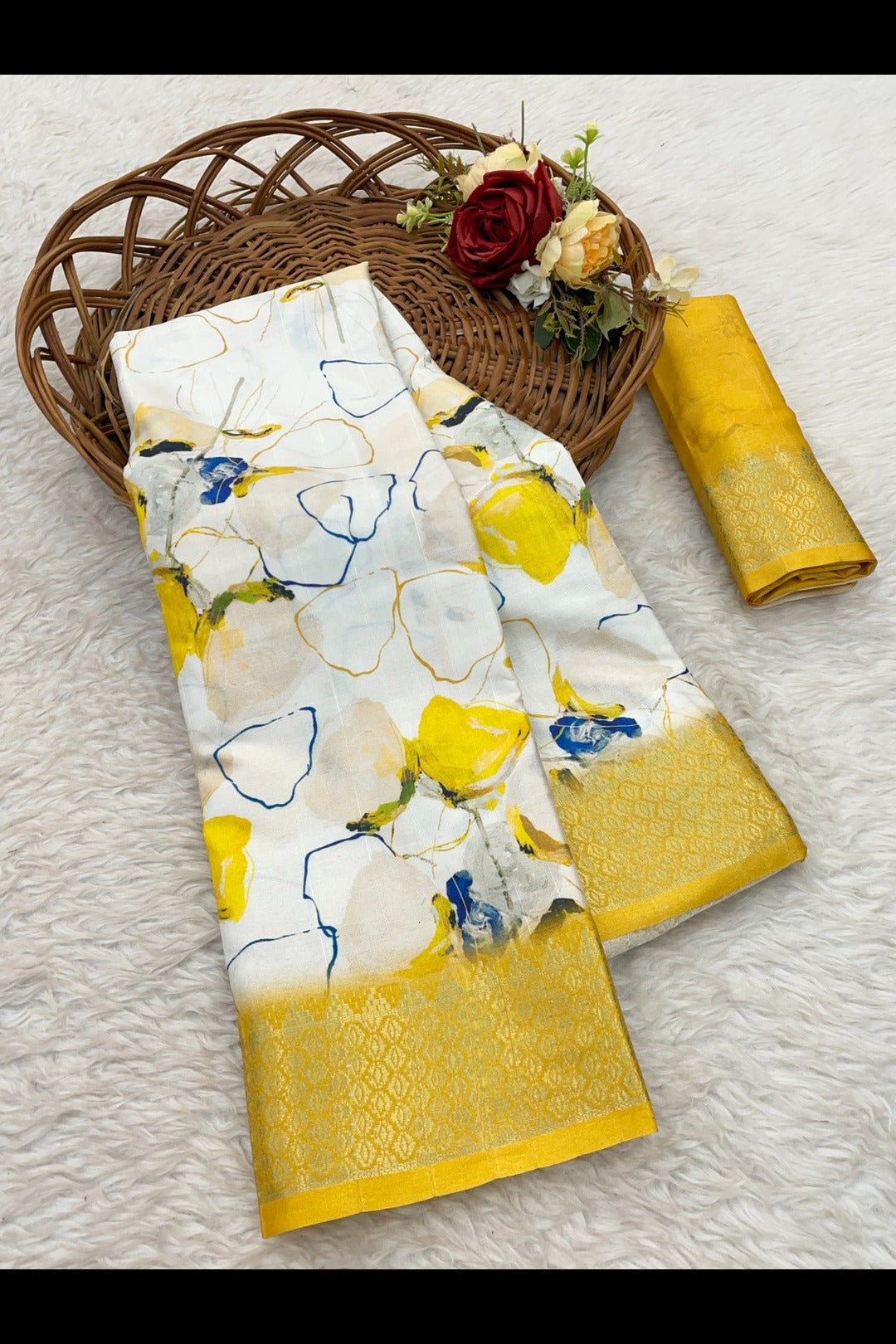 Lemon Yellow Printed Silk Saree