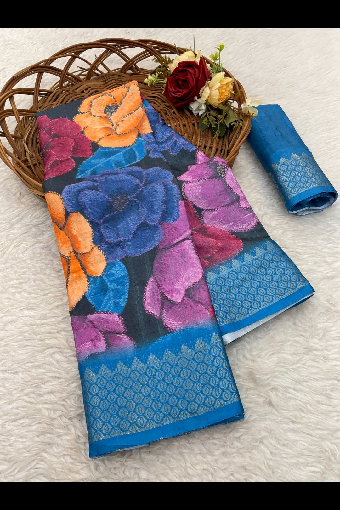 Floral Blue Printed Silk Saree