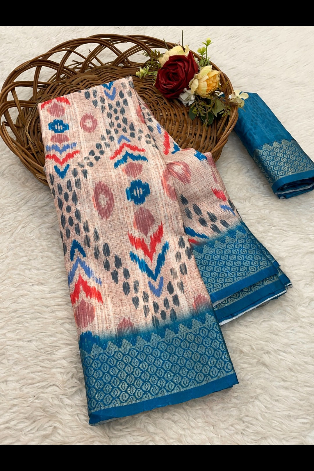 Skin and Blue Printed Silk Saree