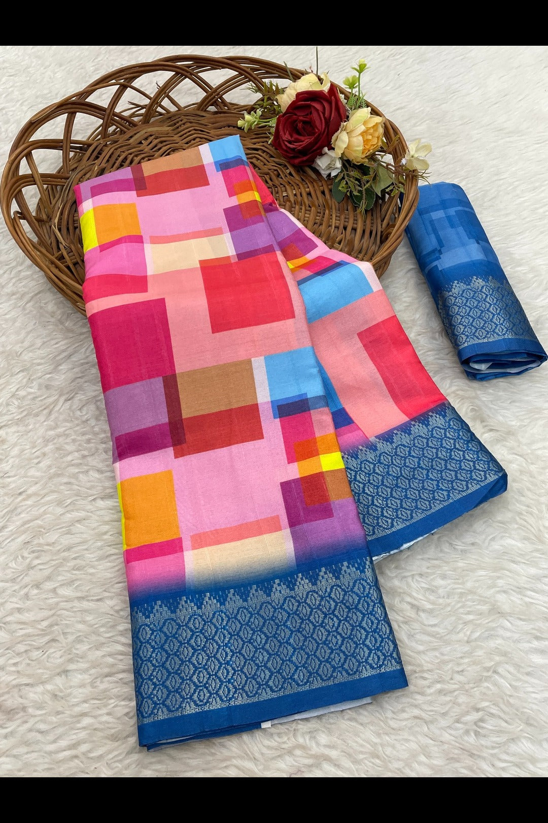 Pink and Blue Printed Silk Saree