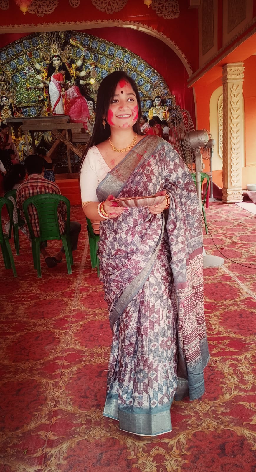 Brown and Green Printed Silk Saree