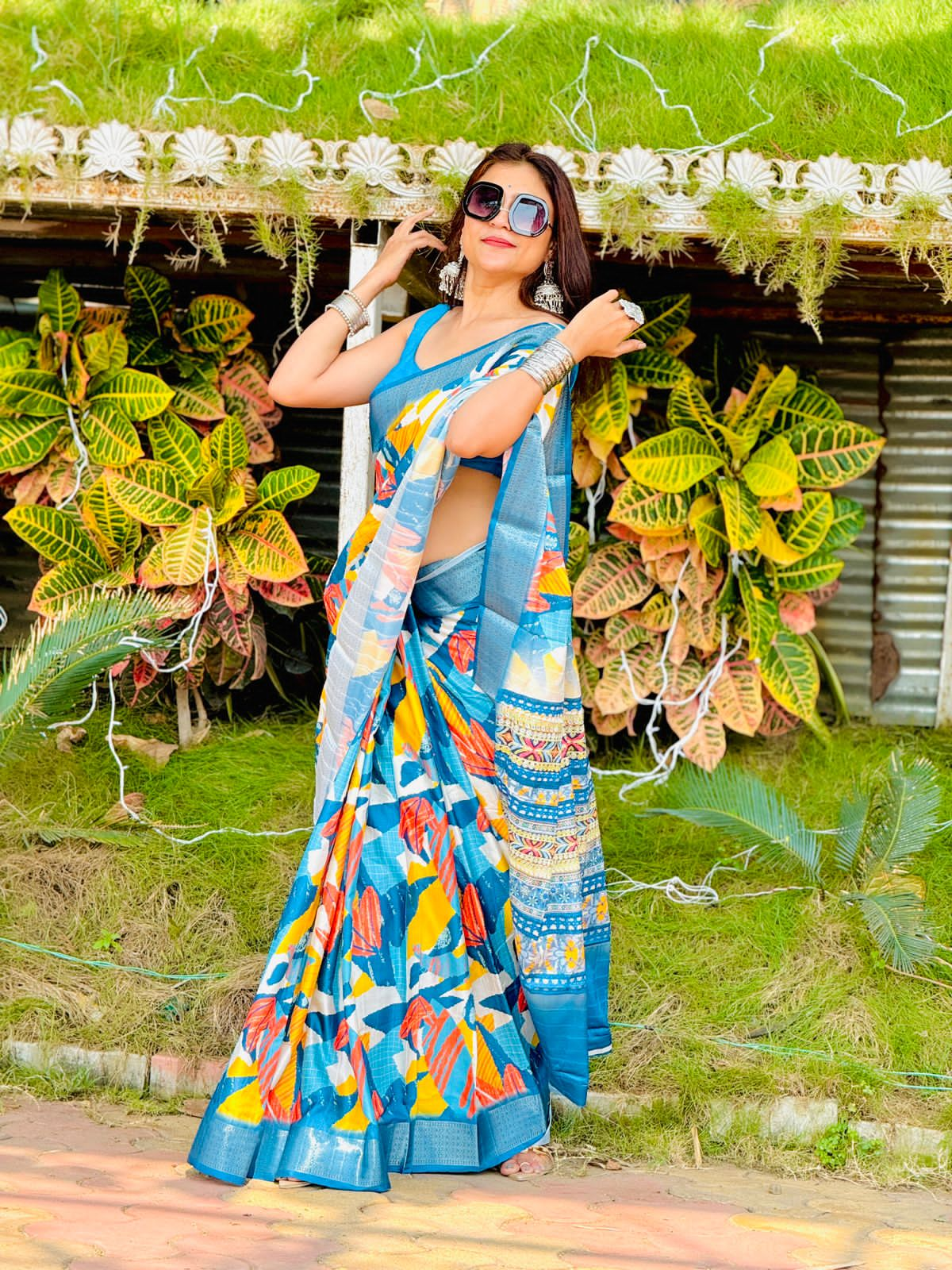 Yellow and Ocean Blue Silk Saree