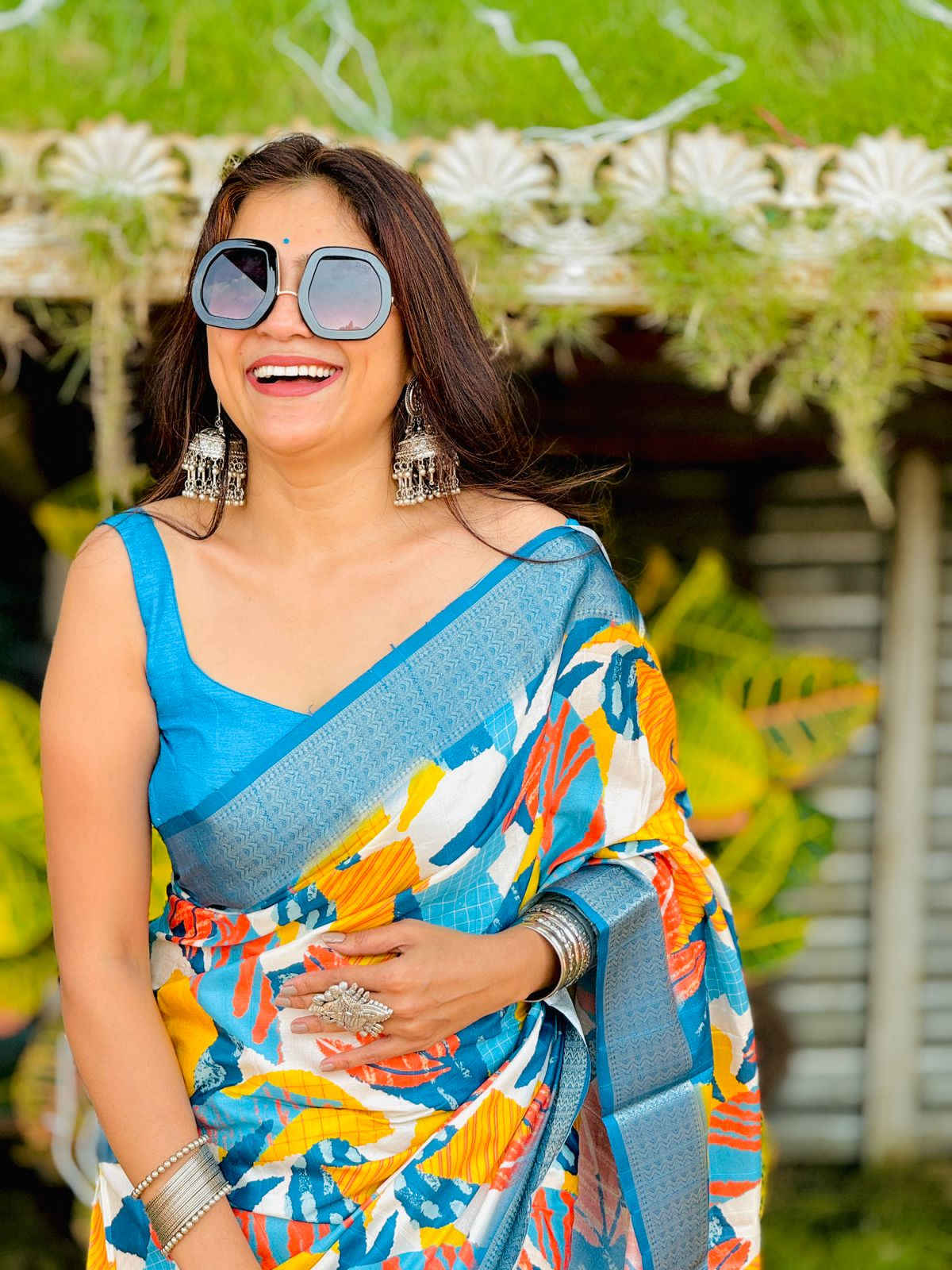 Yellow and Ocean Blue Silk Saree