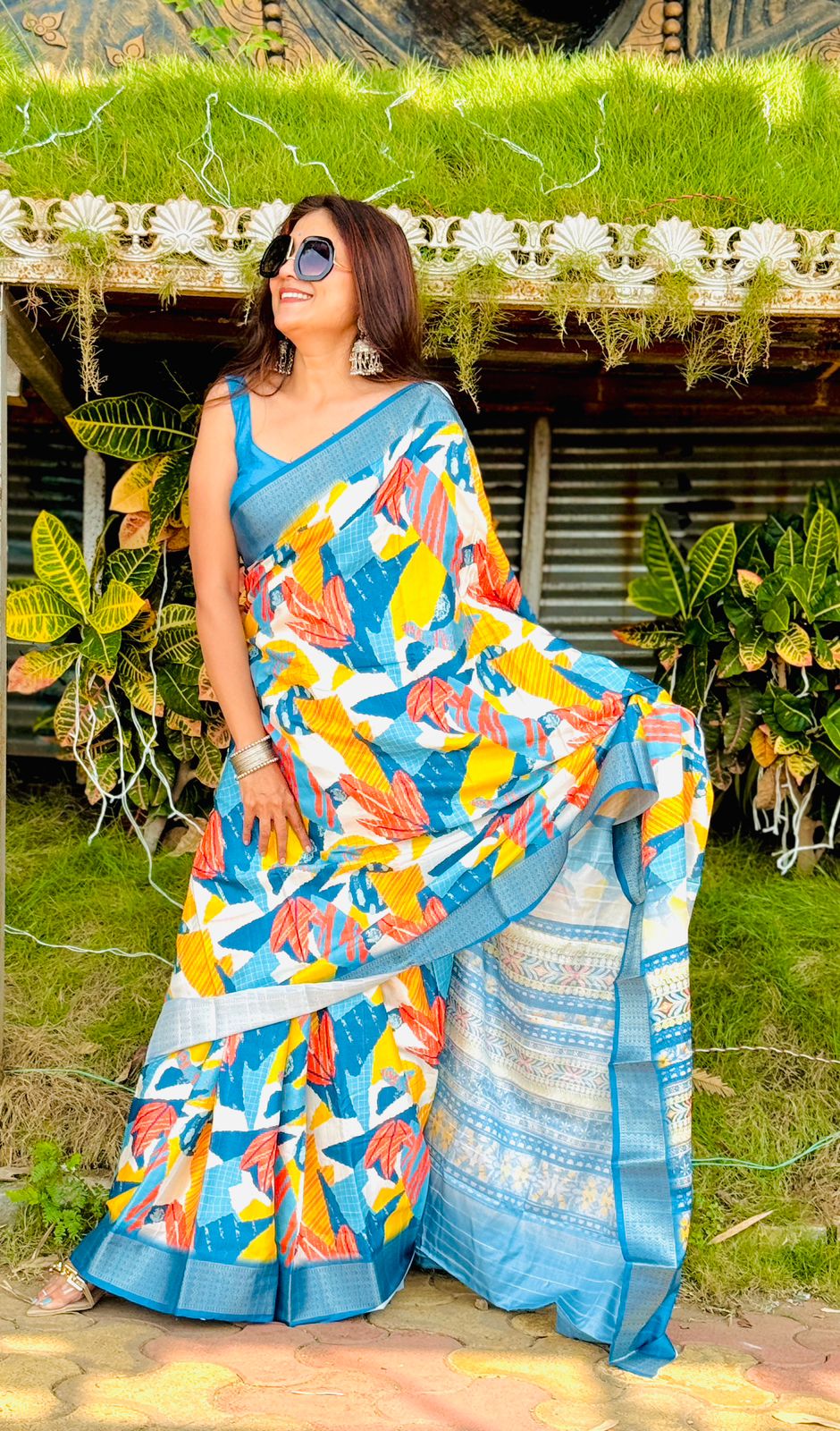 Yellow and Ocean Blue Silk Saree