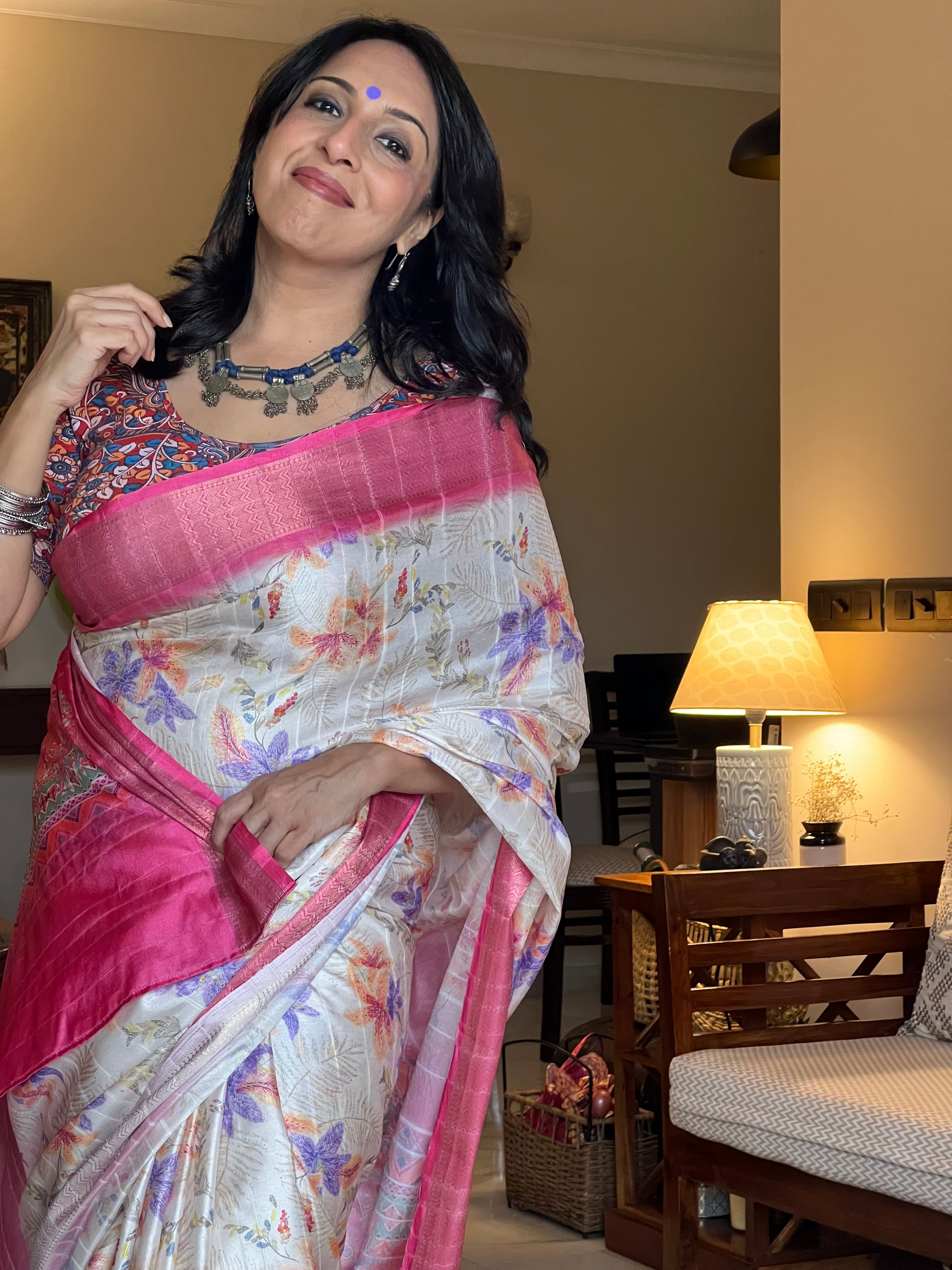 White Pink Silk Saree