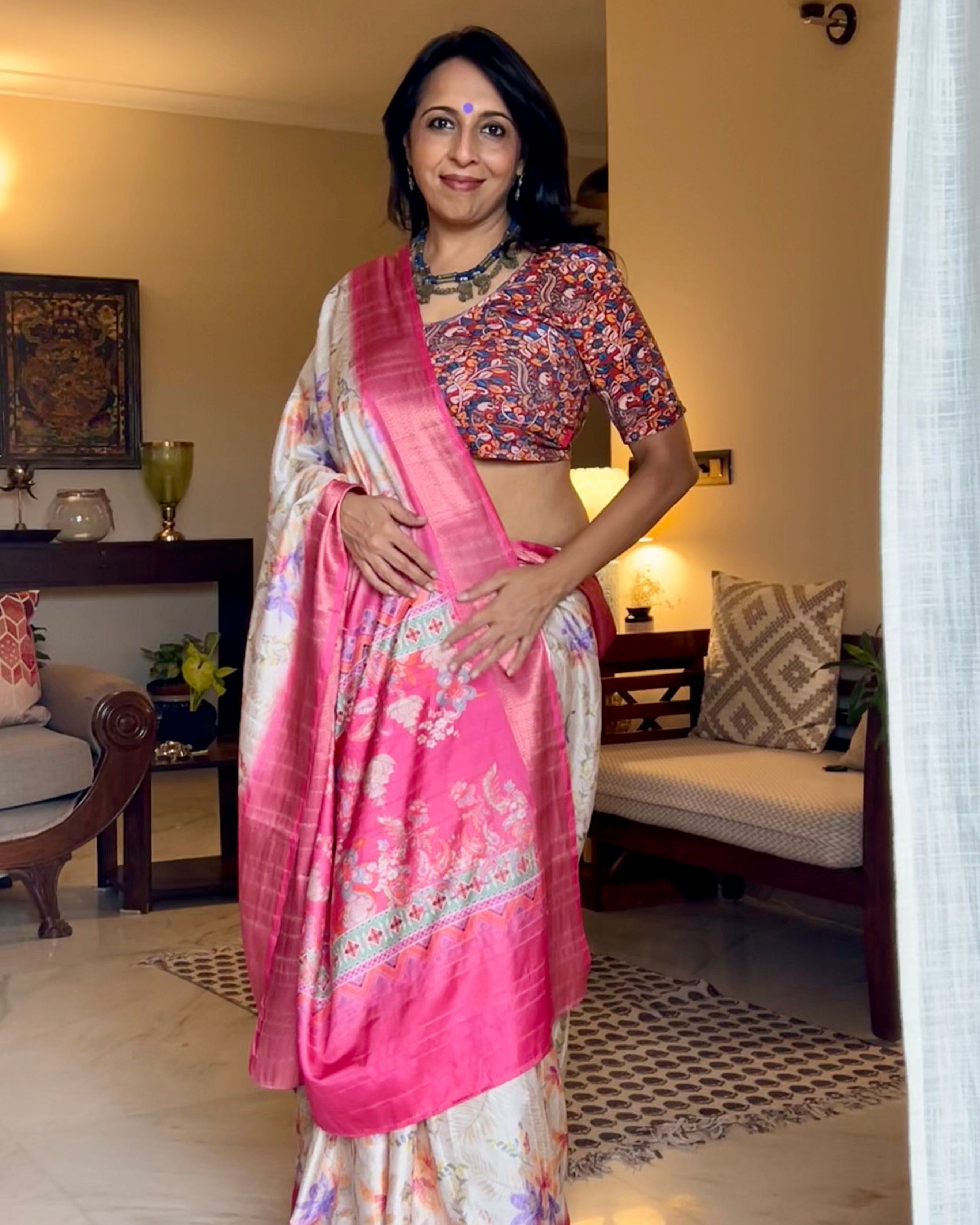 White Pink Silk Saree