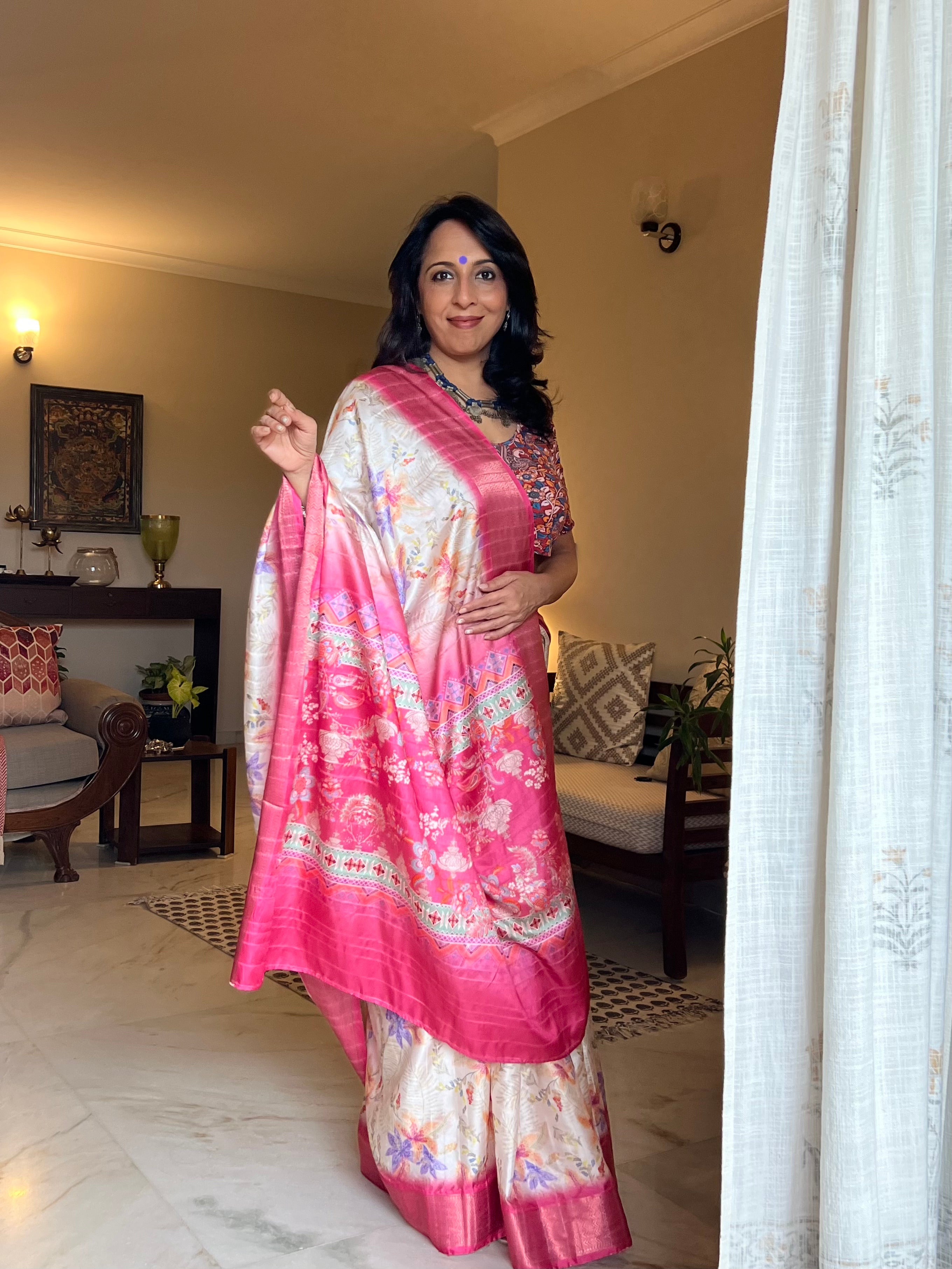 White Pink Silk Saree