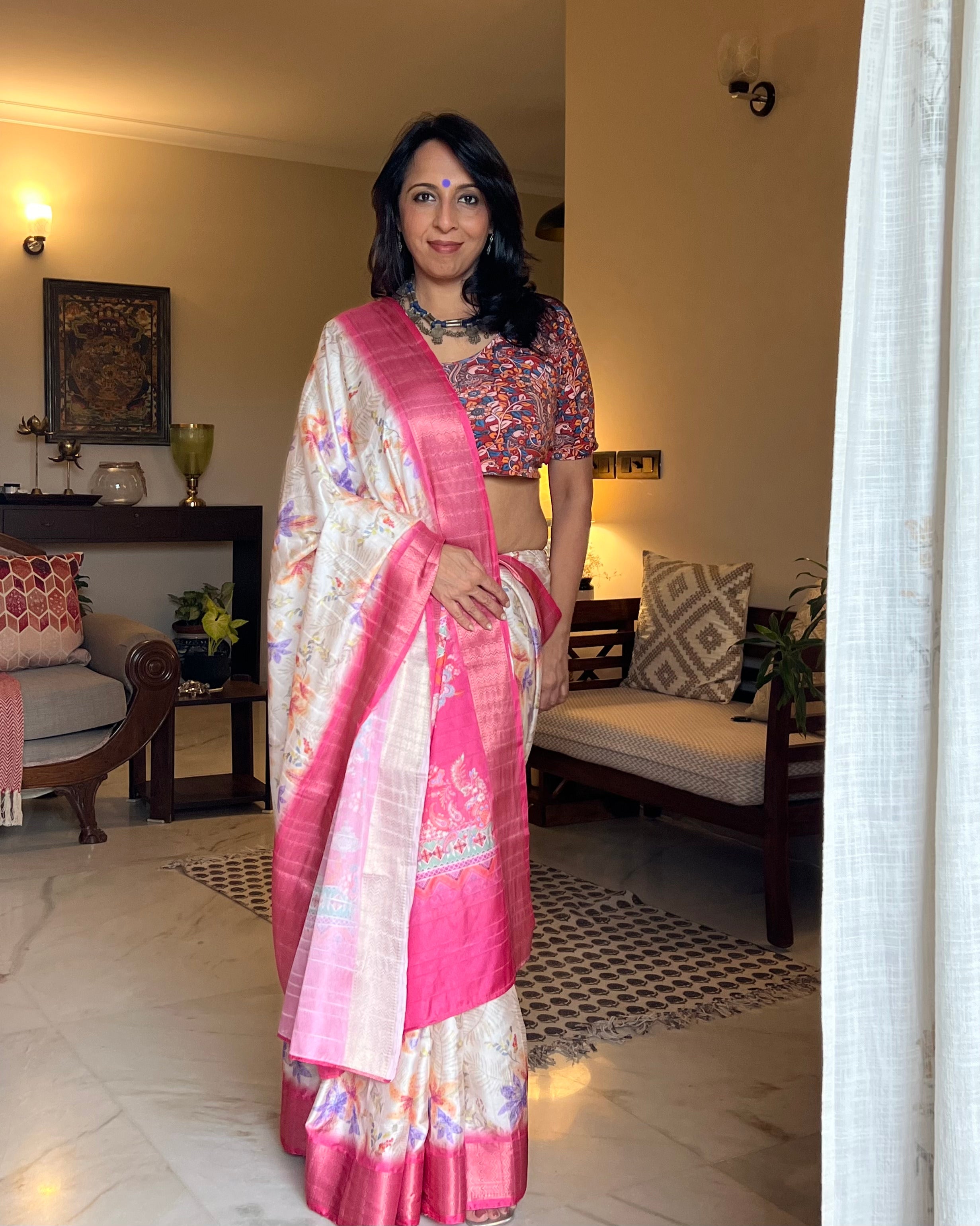 White Pink Silk Saree