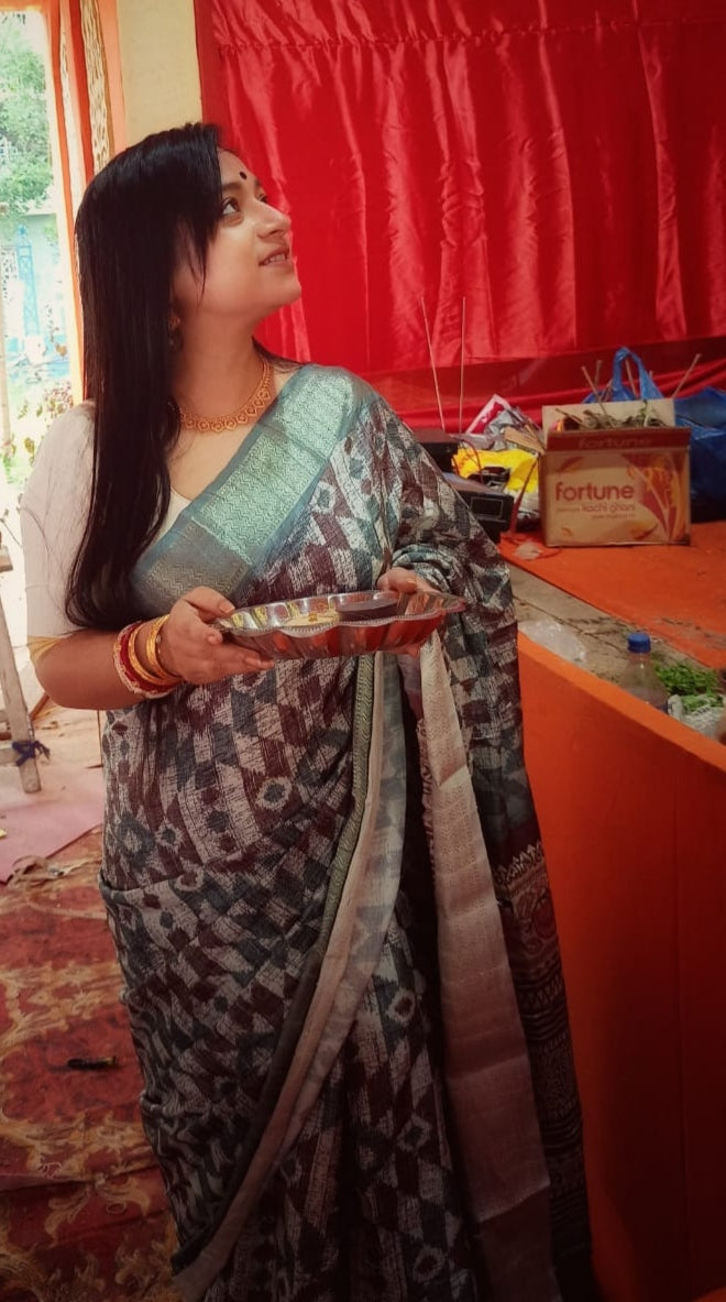 Brown and Green Printed Silk Saree