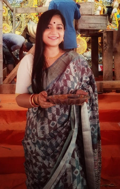 Brown and Green Printed Silk Saree