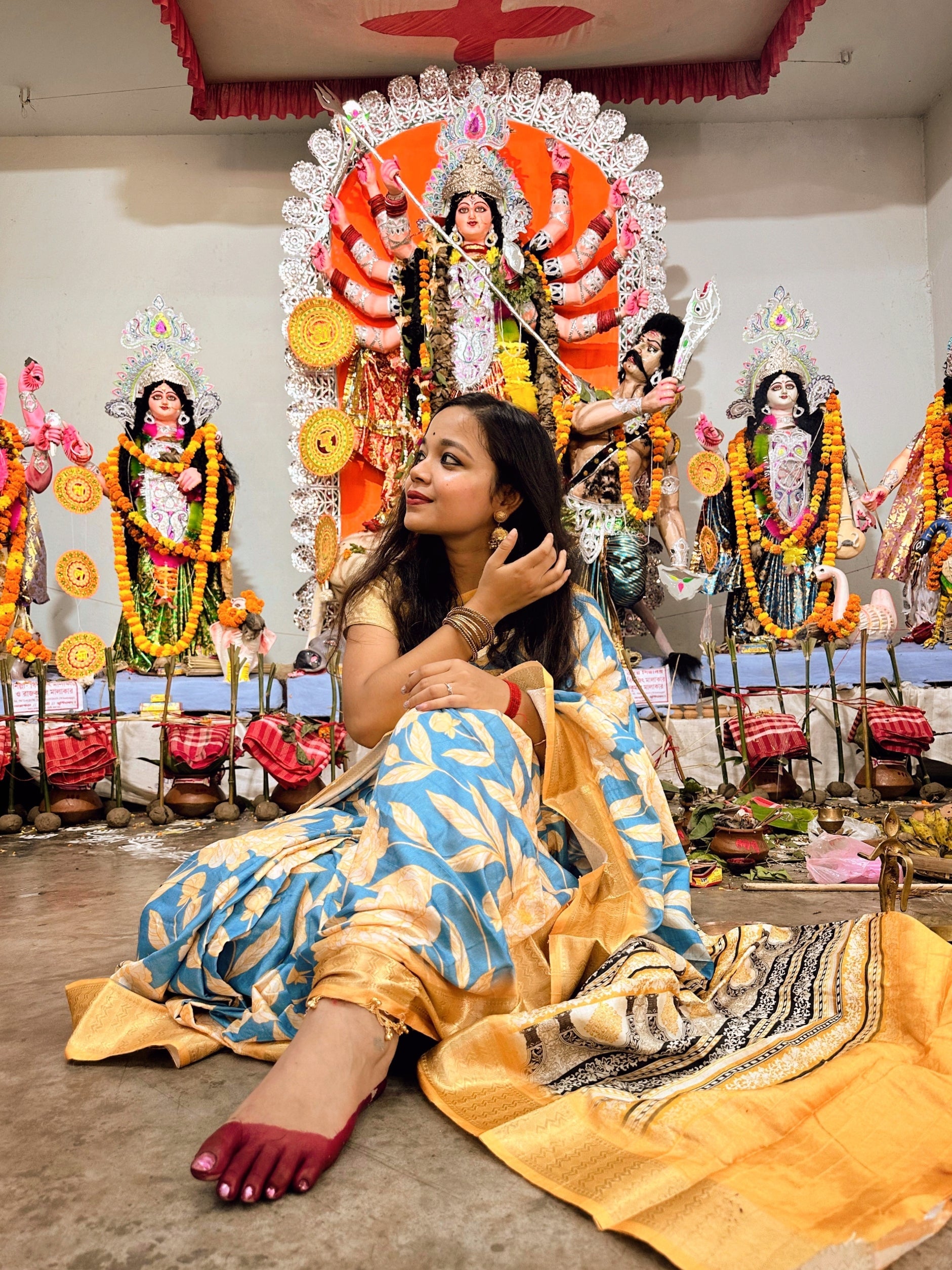 Mustard Yellow and Blue Combination Saree