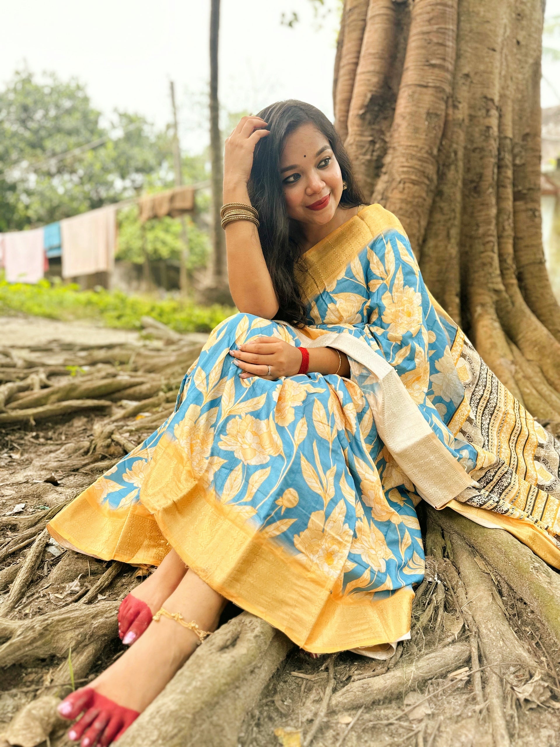 Mustard Yellow and Blue Combination Saree