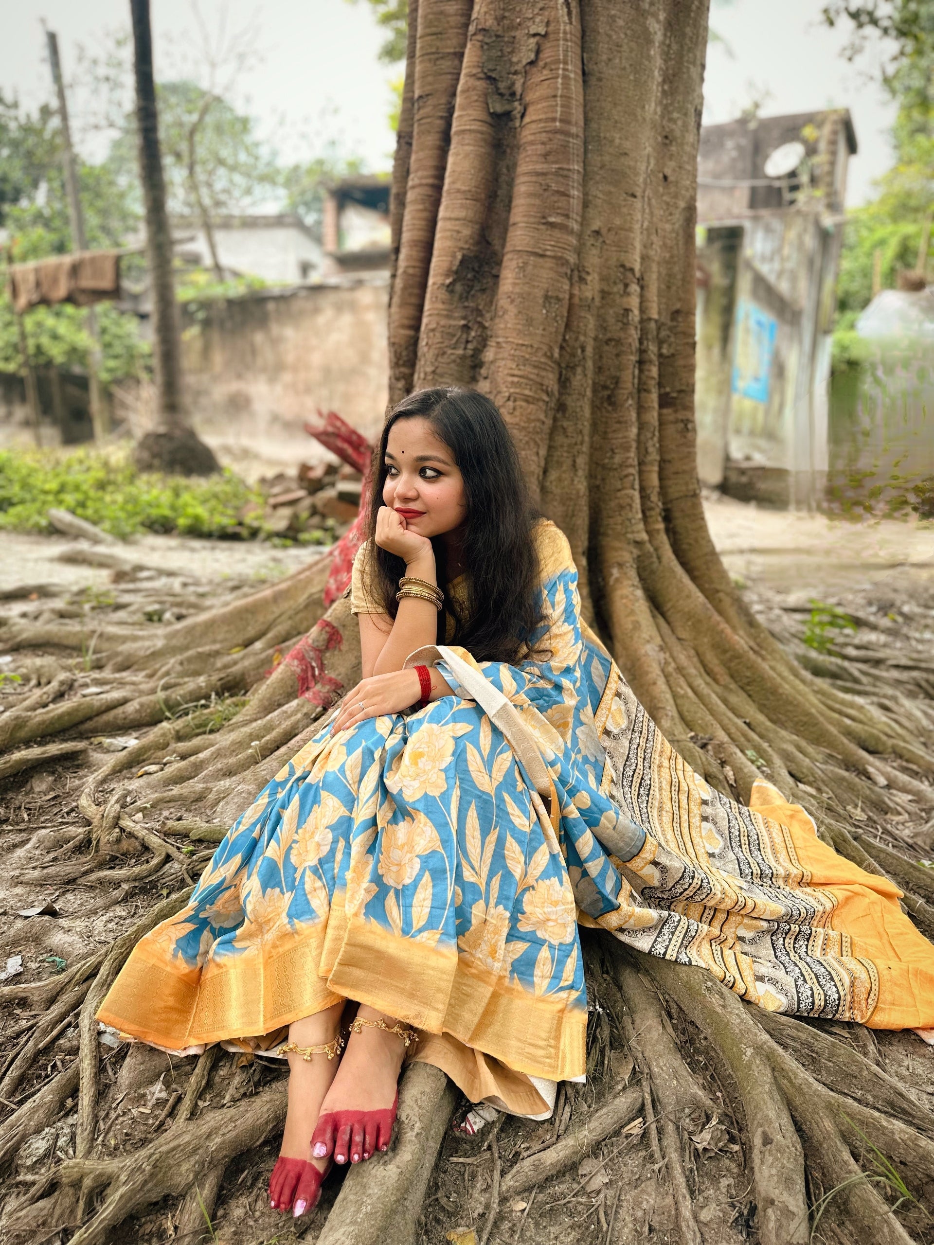 Mustard Yellow and Blue Combination Saree