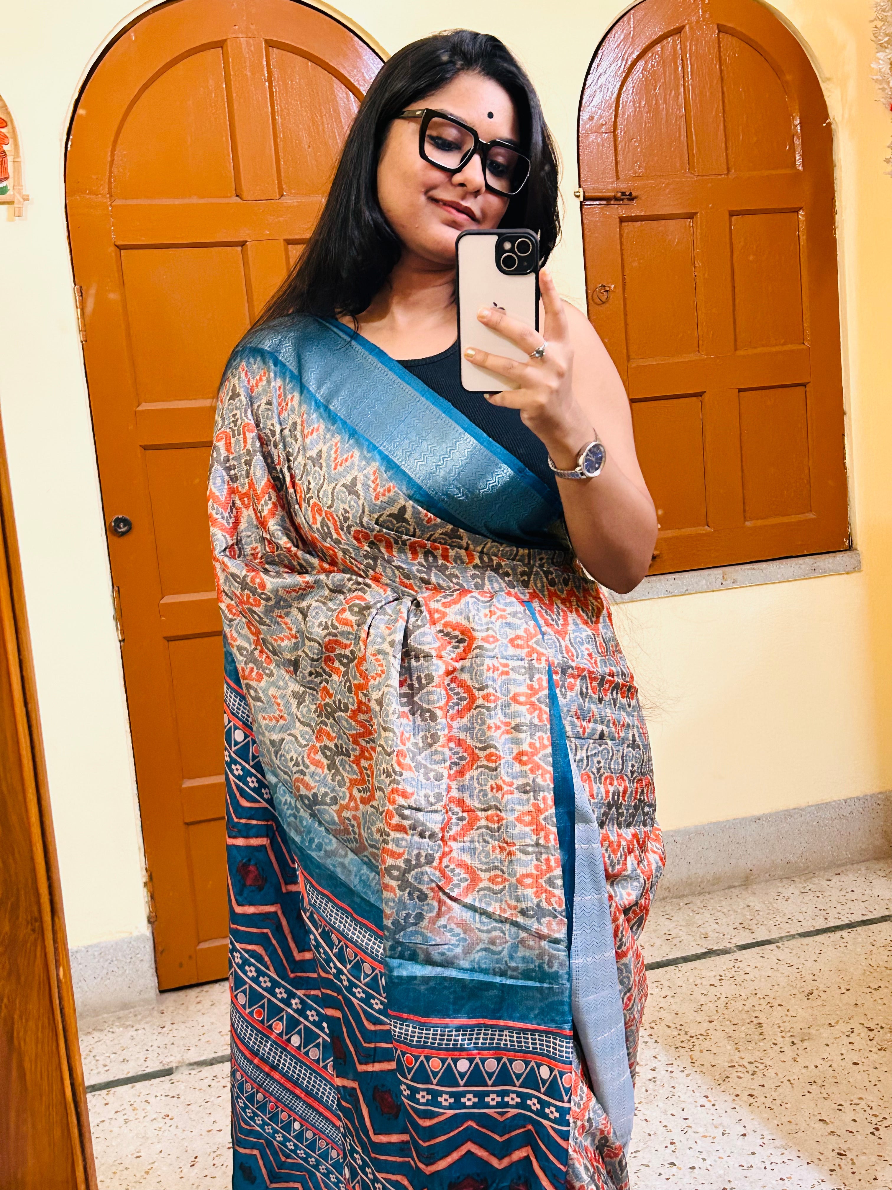 Blue Printed Silk Saree