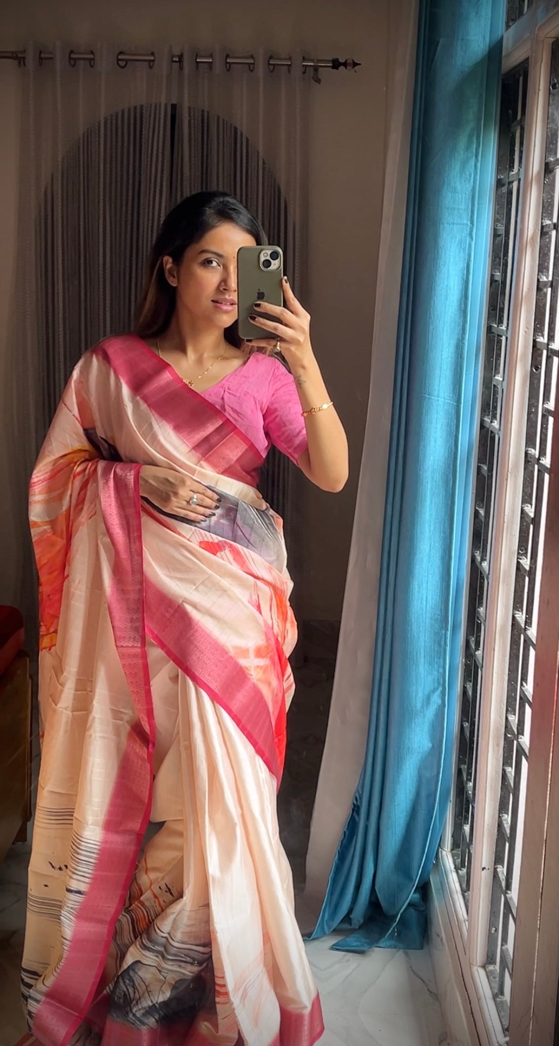 Cream Colour Silk Saree with Pink Border