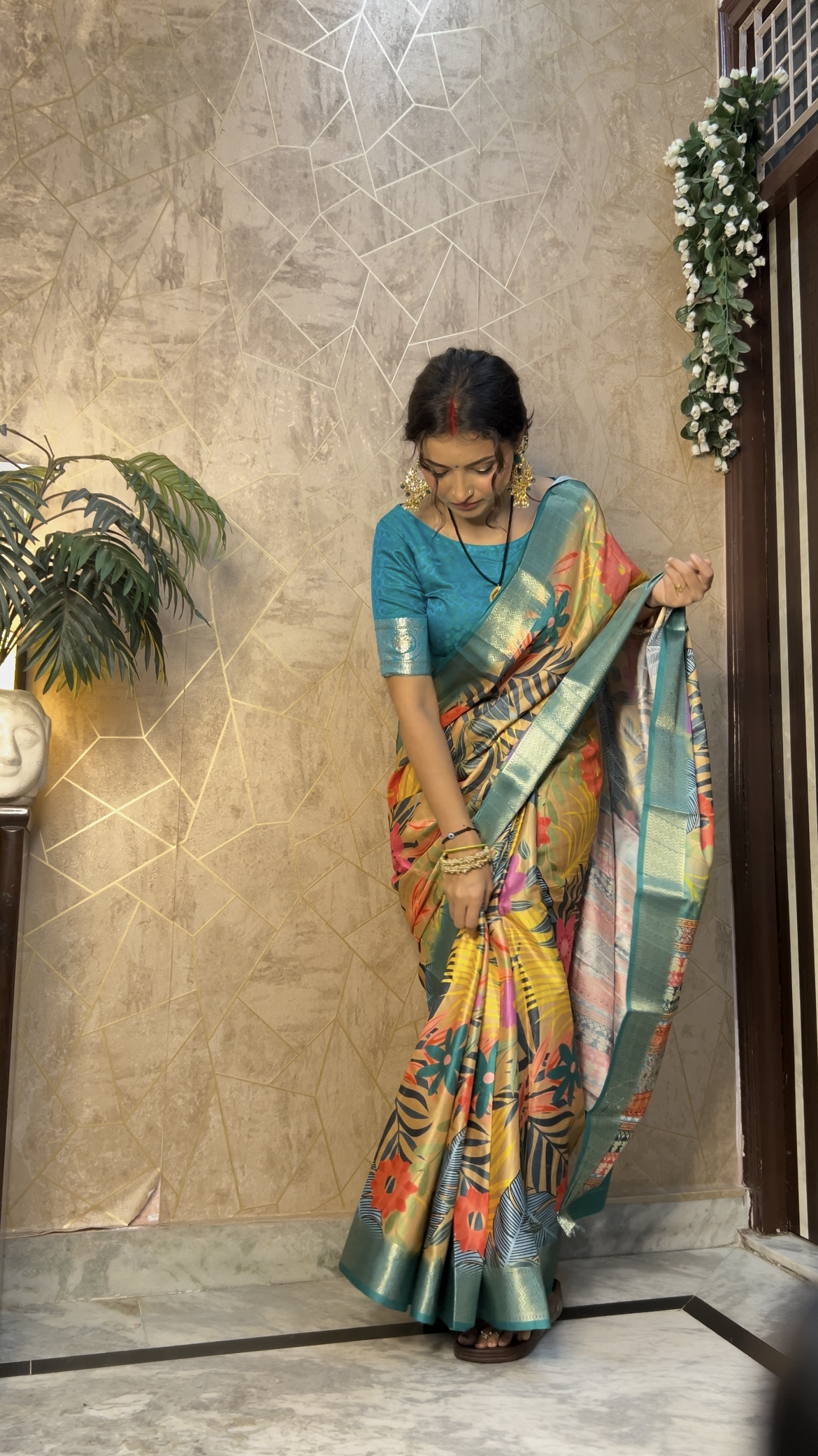 Teal Blue Printed Silk Saree